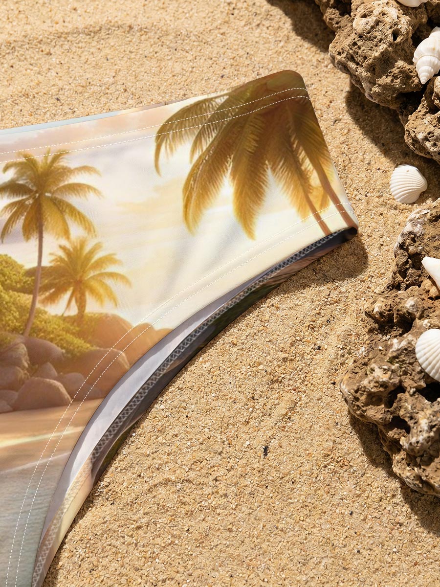 Serene Tropical Beach at Sunset with Palm Trees and Calm Waters -  Men's swim trunks
