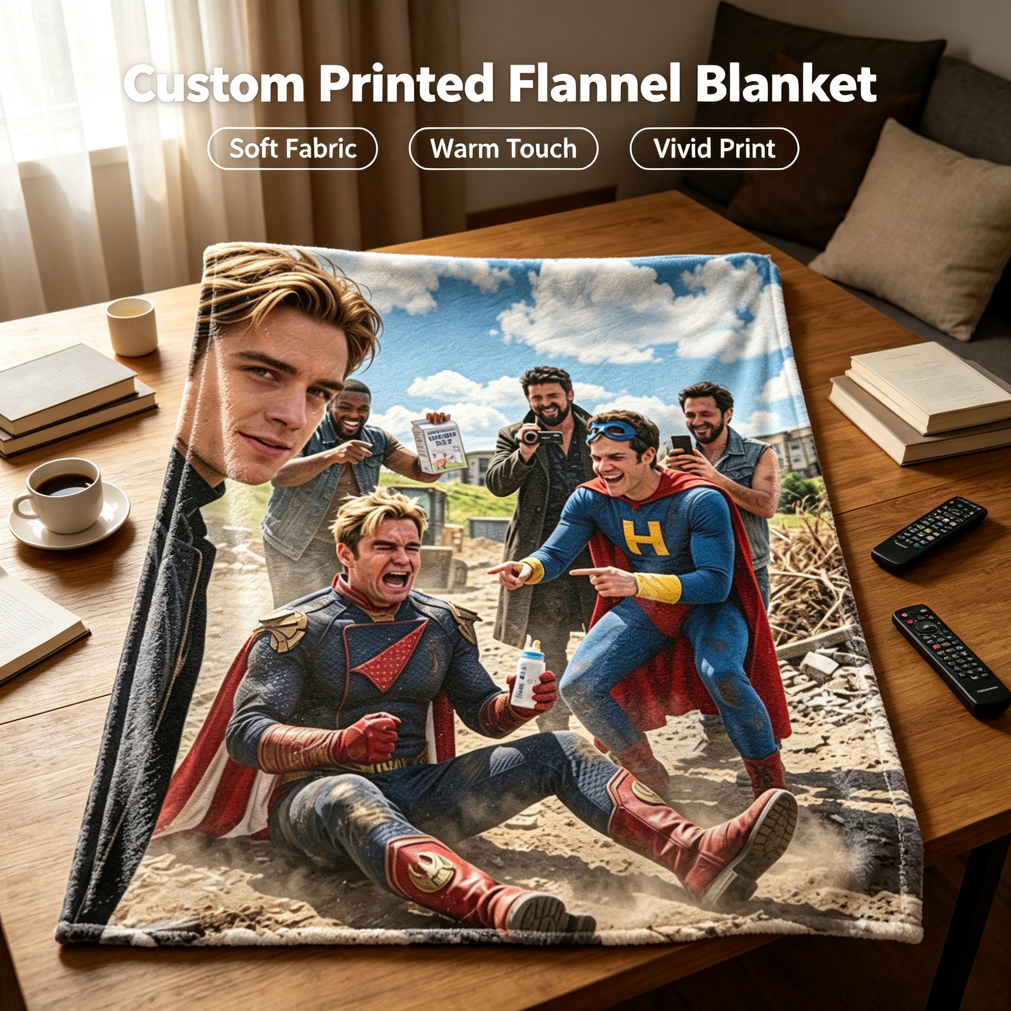 Custom Face Blanket The Boys Superhero Group Scene Flannel Blanket Perfect for Fans of Action Movies and Pop Culture Ideal as a Cozy Gift or Fun Giveaway