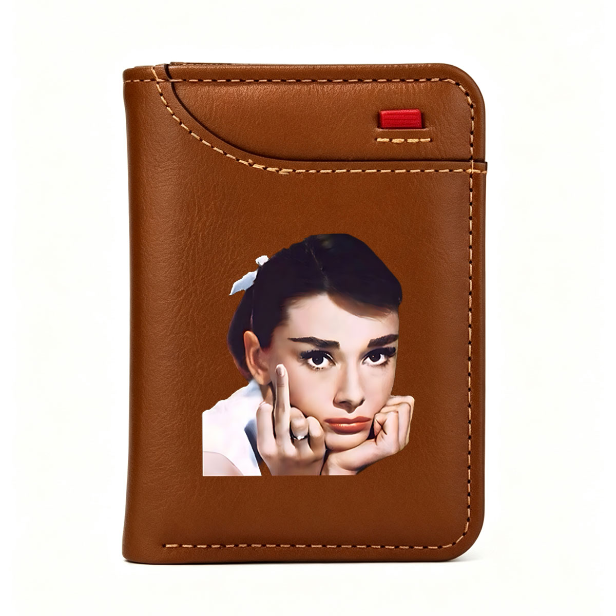 Audrey Hepburn in a classic pose with elegant makeup and a white bow in her hair - Vertical Style Wallet