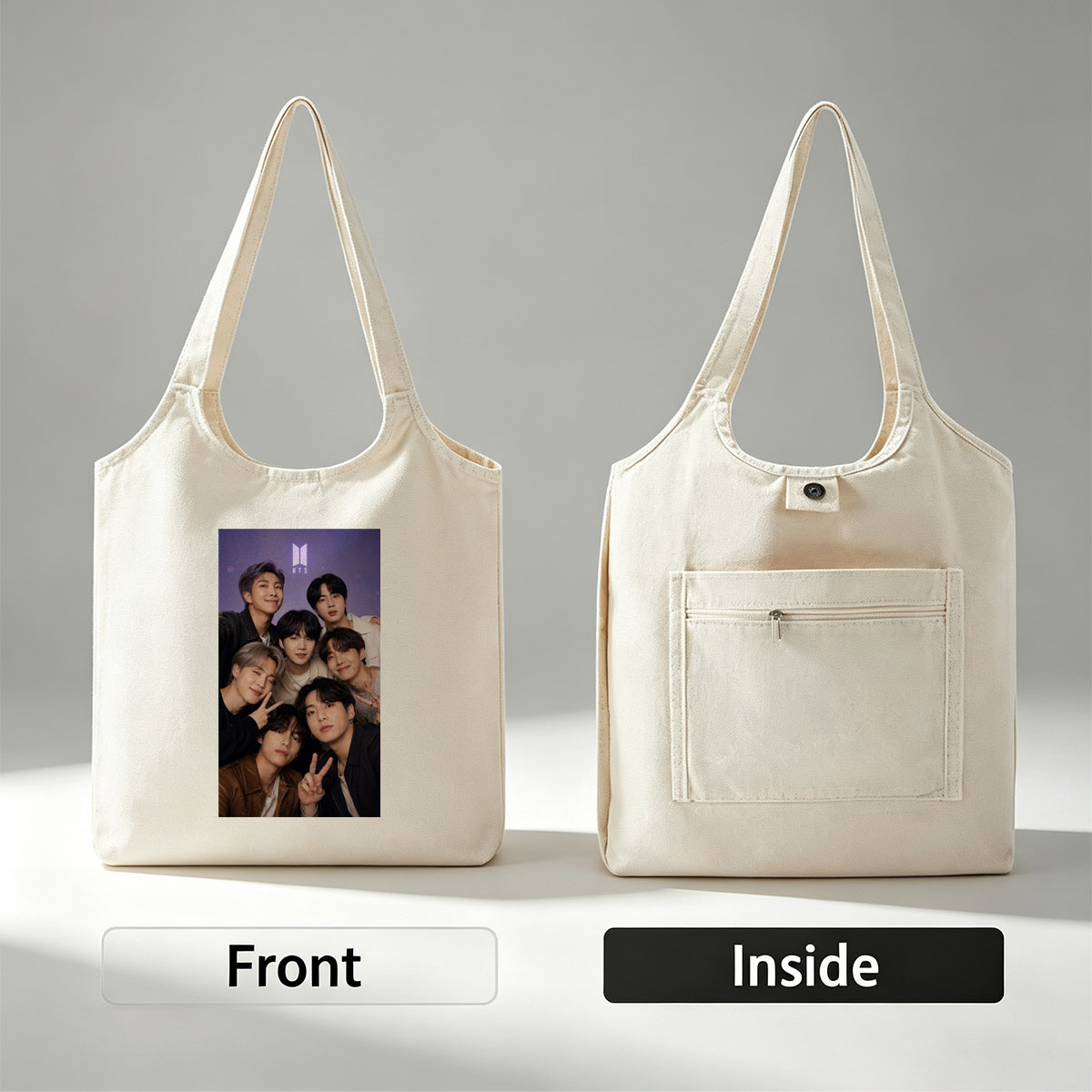 BTS Group Photo - Seven Members Posing Together with Peace Signs and Smiles Against a Purple Background - Canvas shoulder bags/