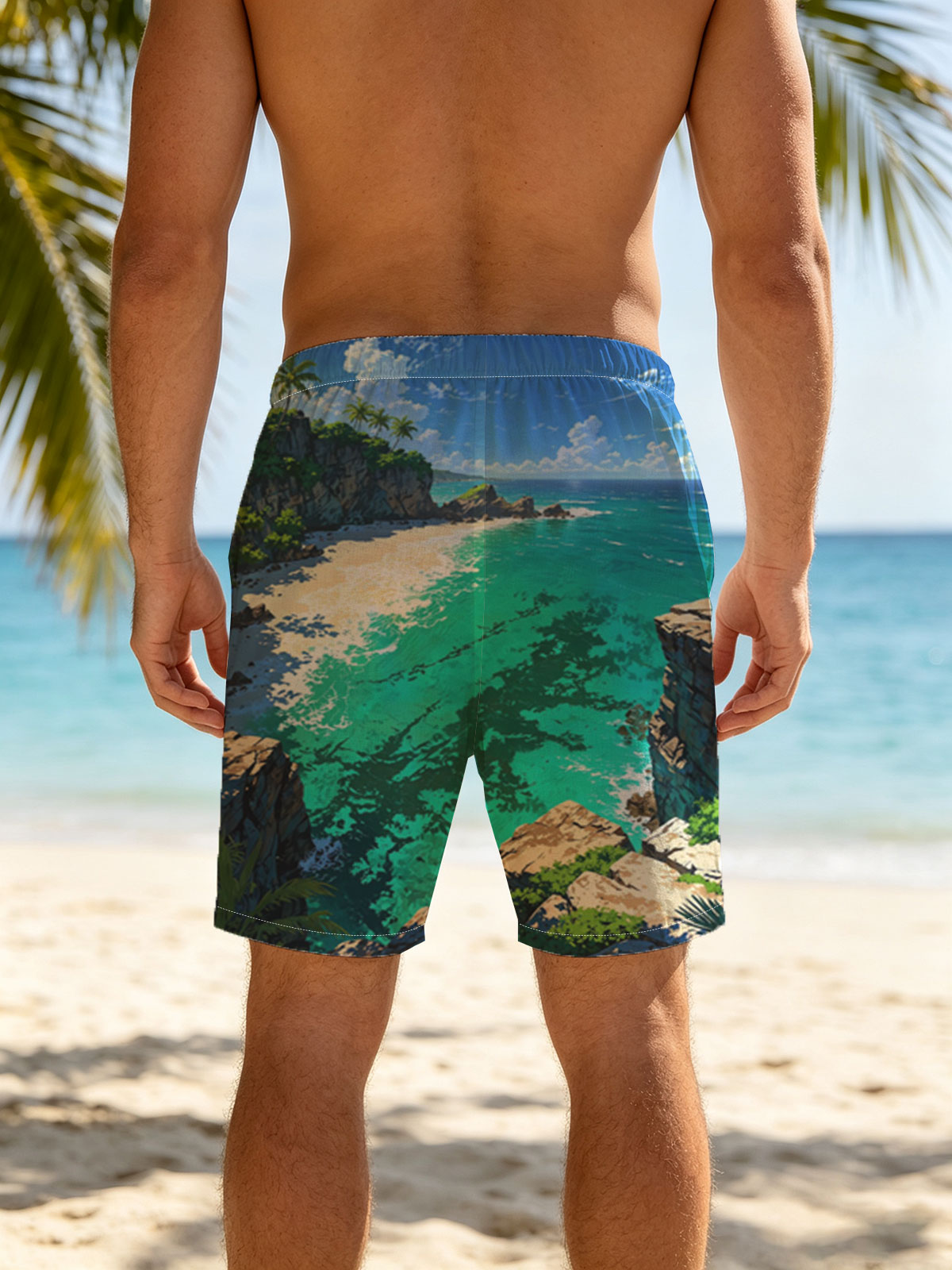 Tropical Bay with Crystal Clear Waters and Lush Cliffs -  Beach shorts