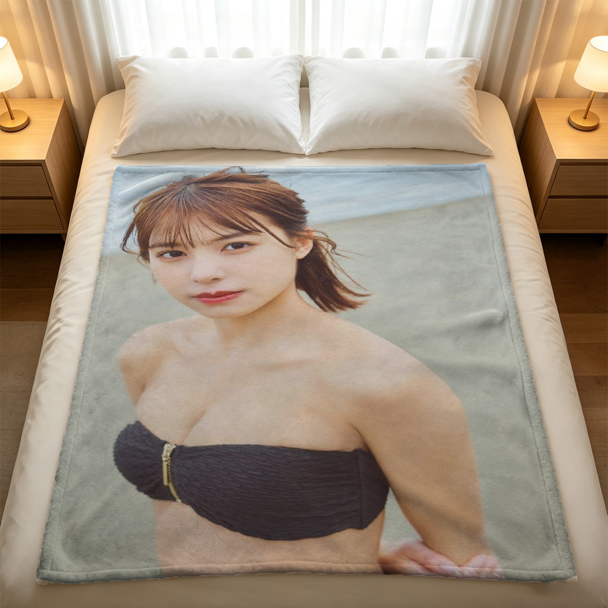 A woman in pink lingerie lying on a leather armchair with legs raised. - Blanket