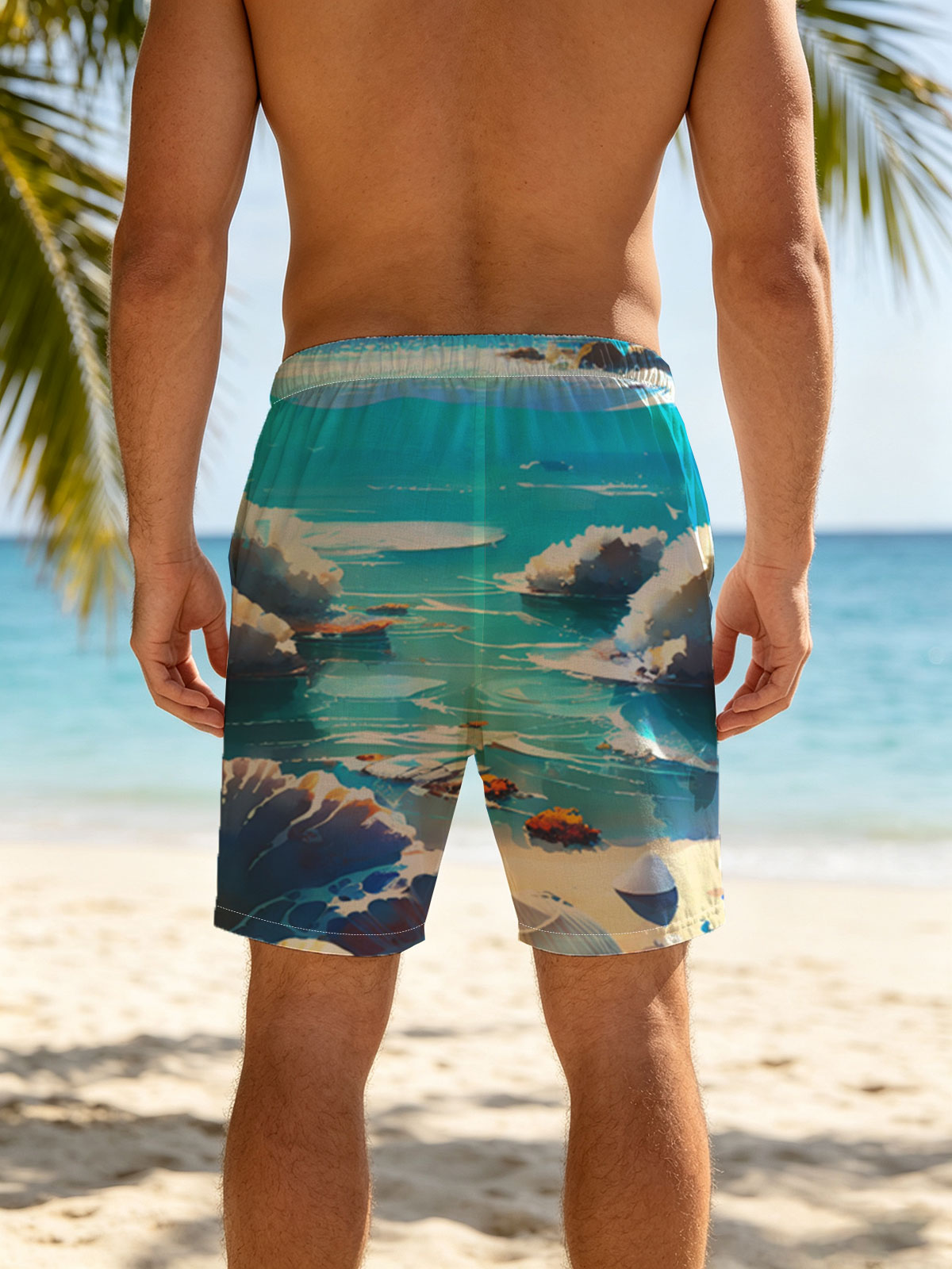 Crystal Clear Ocean with Shells and Sailboat -  Beach shorts