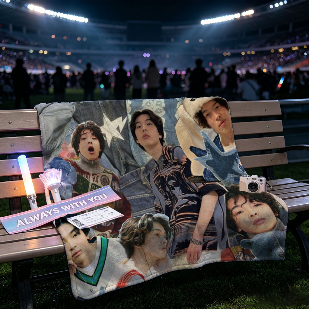 IMASE Members in a Denim-Themed Collage with Stars and Playful Elements - Blankets