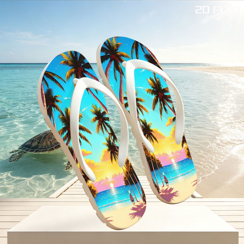 Tropical Sunset Beach with Palm Trees and a Solitary Figure -  flip-flops