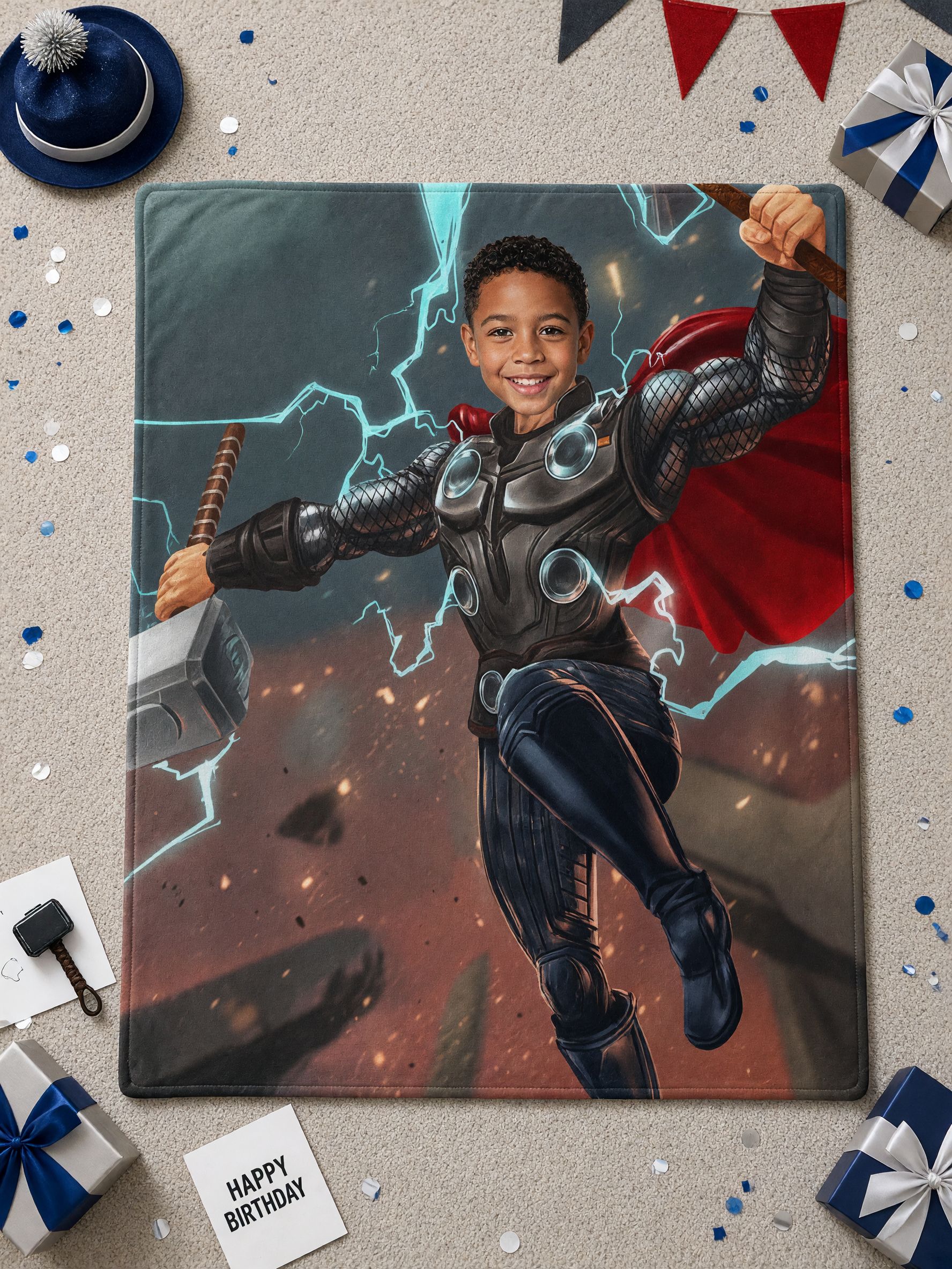 Custom Face Superhero Blanket Personalized Kids Photo Thunder Hero Flannel Throw Cozy Birthday Gift for Boys and Family