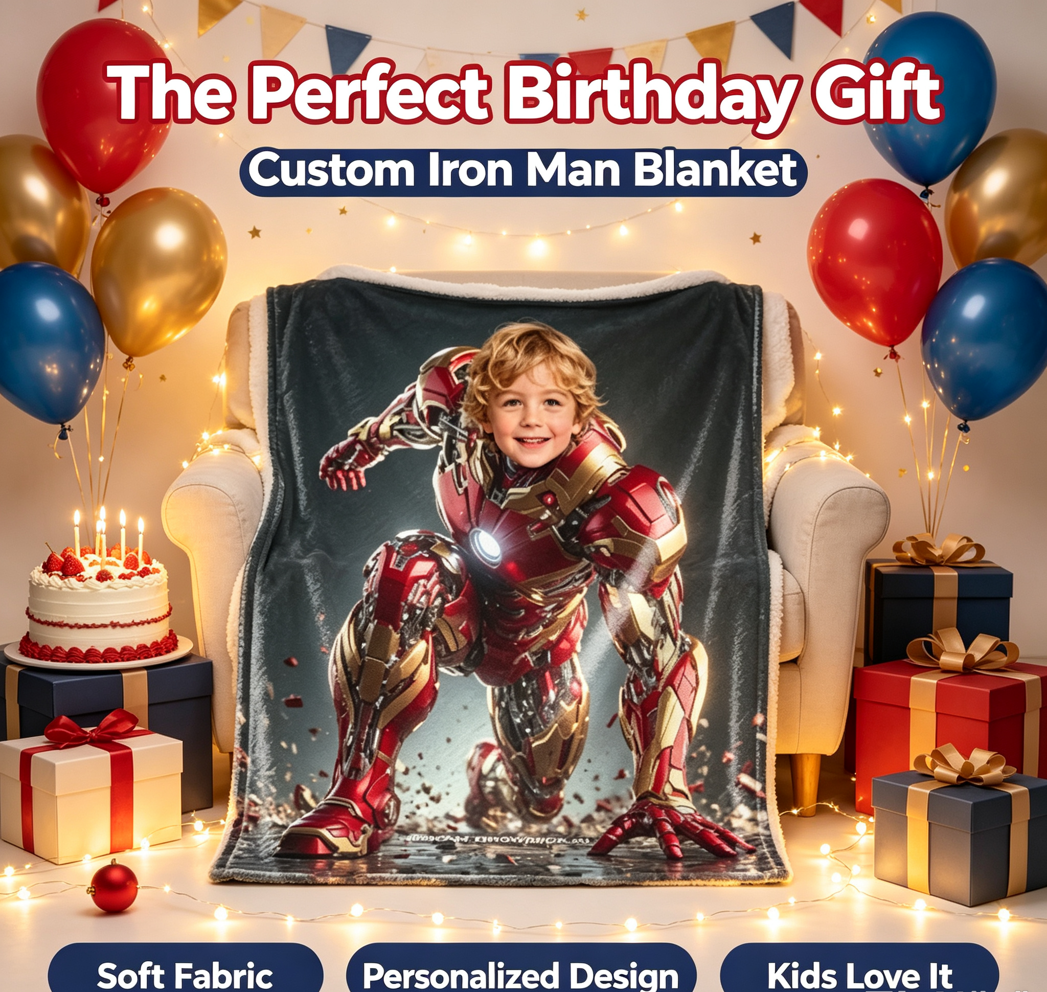 Personalized Iron Man Crouch Pose Custom Photo Blanket, Superhero Throw Blanket, Unique Birthday Gift for Little Boy