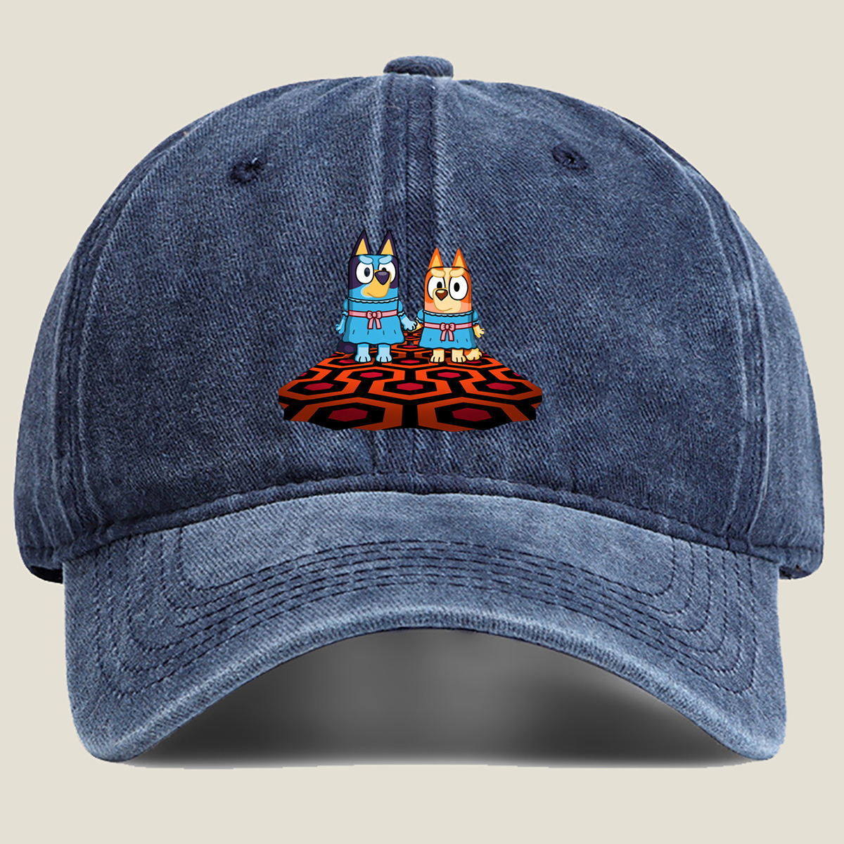 Bluey and Bingo in Matching Dresses on a Patterned Rug - Washed Denim - Baseball Cap