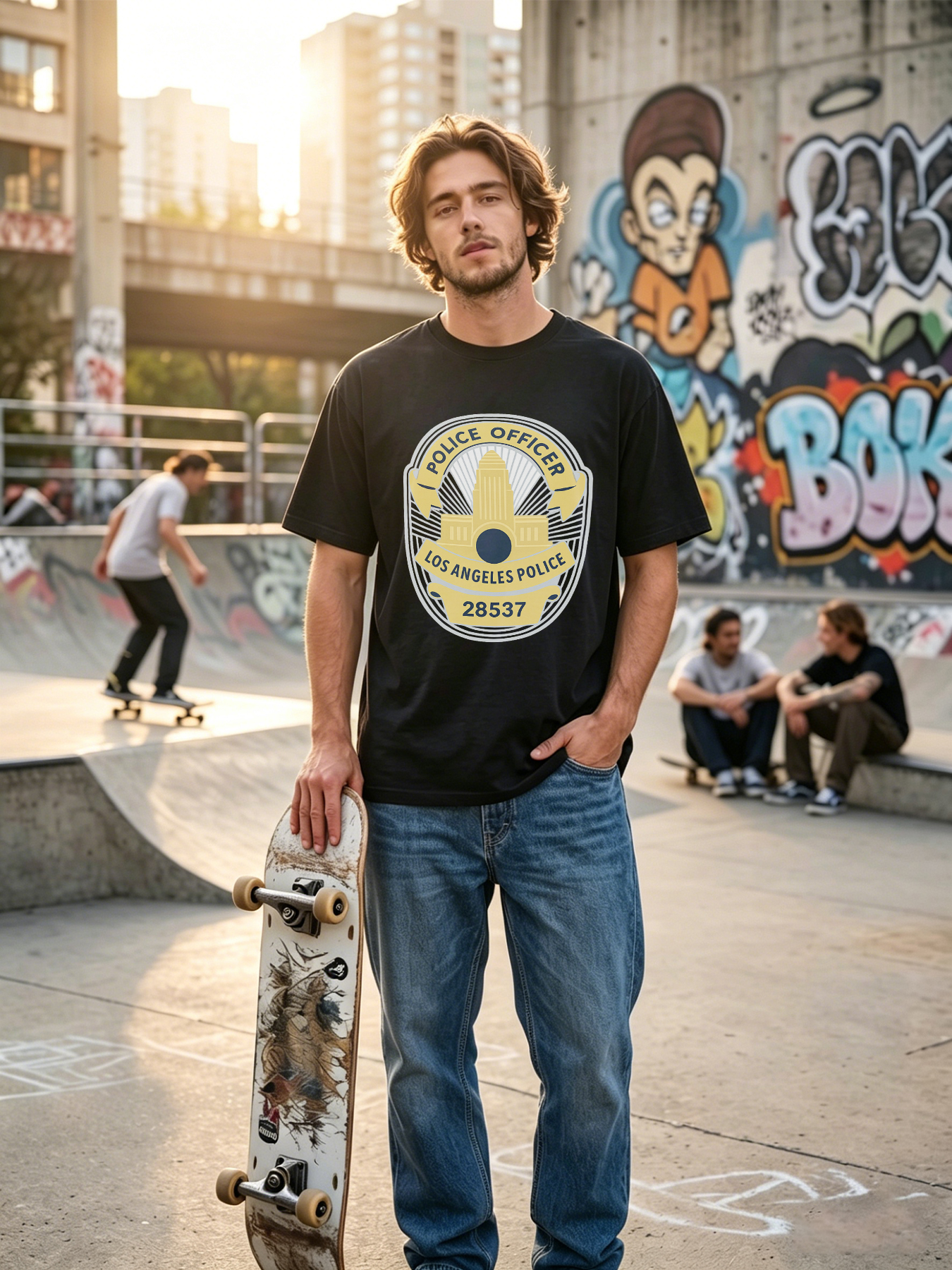 Men's Police Officer Badge Print T-Shirt Los Angeles Police 28537 Graphic Crewneck Summer Lightweight Breathable Casual Short Sleeve Tee for Law Enforcement Enthusiasts and Fans of Classic Americana Design