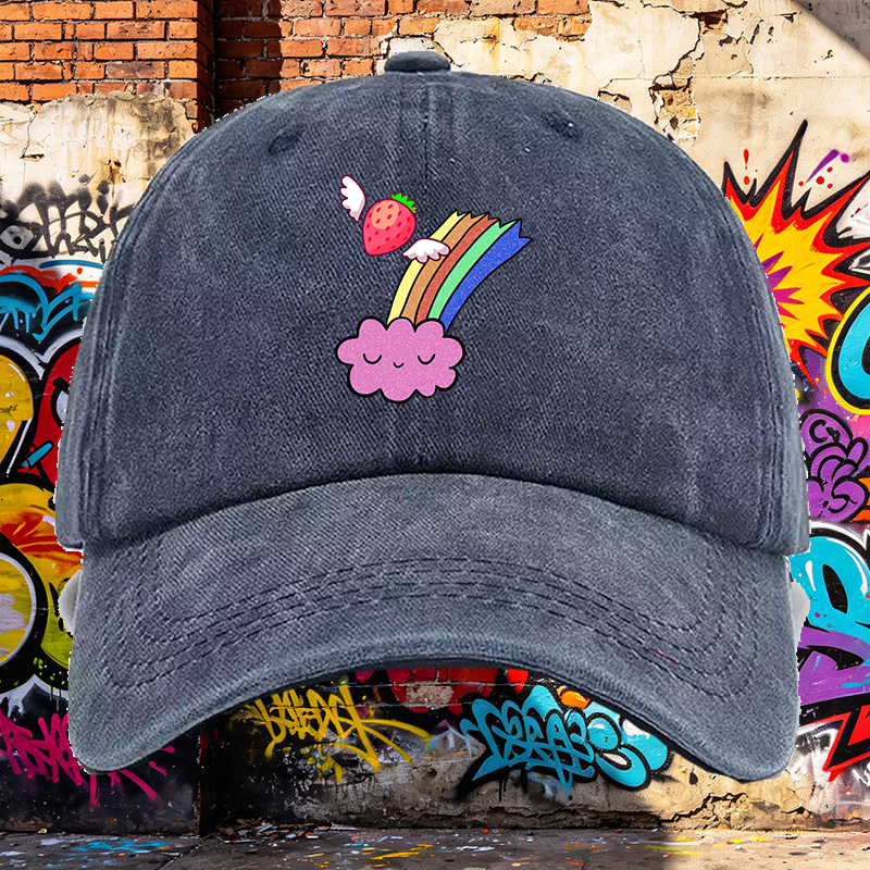 Men's Printed Washed Cap with Strawberry Wings and Rainbow Cloud Design - Casual Round Brim Summer Lightweight Hat for Outdoor Activities, Beach, Travel - Perfect for Young Adults and Trendy Streetwear Lovers