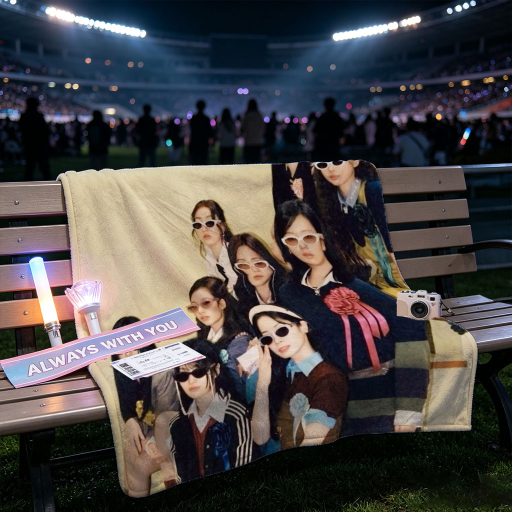 NewJeans Group Photo in Stylish Vintage Outfits with Sunglasses and Floral Accents - Blankets