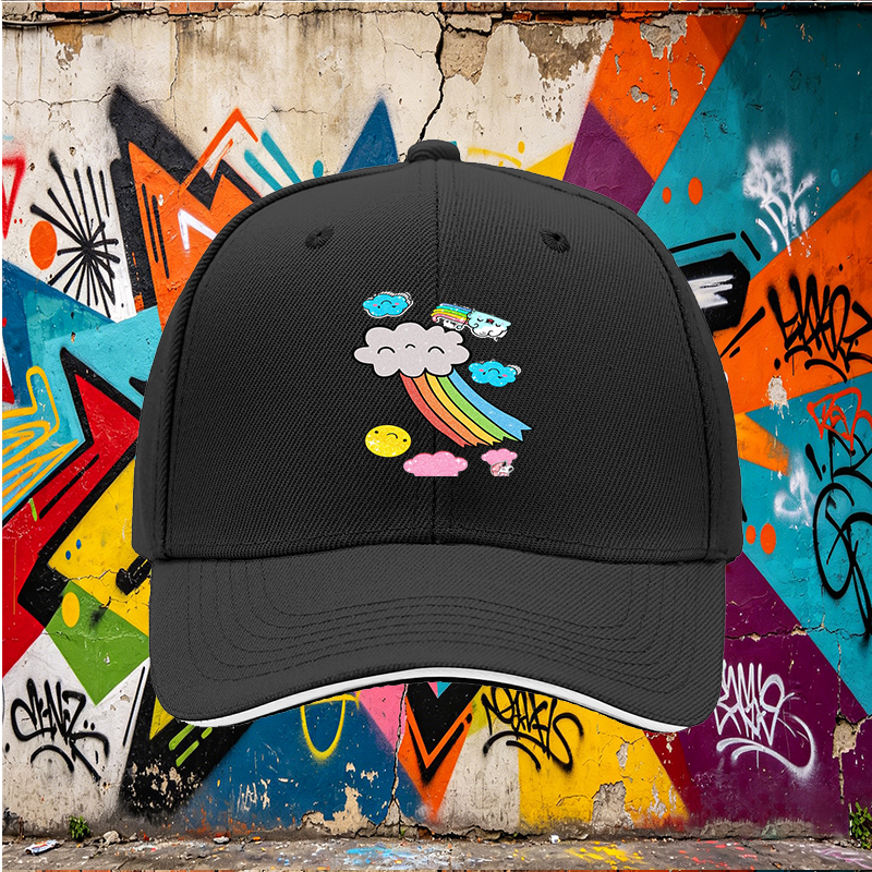 Unisex Classic Sandwich Hat with Rainbow Clouds and Sparkle Design | Perfect for Outdoor Activities, Beach, Travel, and Daily Wear | Ideal for Adults and Teens Seeking Fun, Lightweight, Fashionable Sun Protection Cap