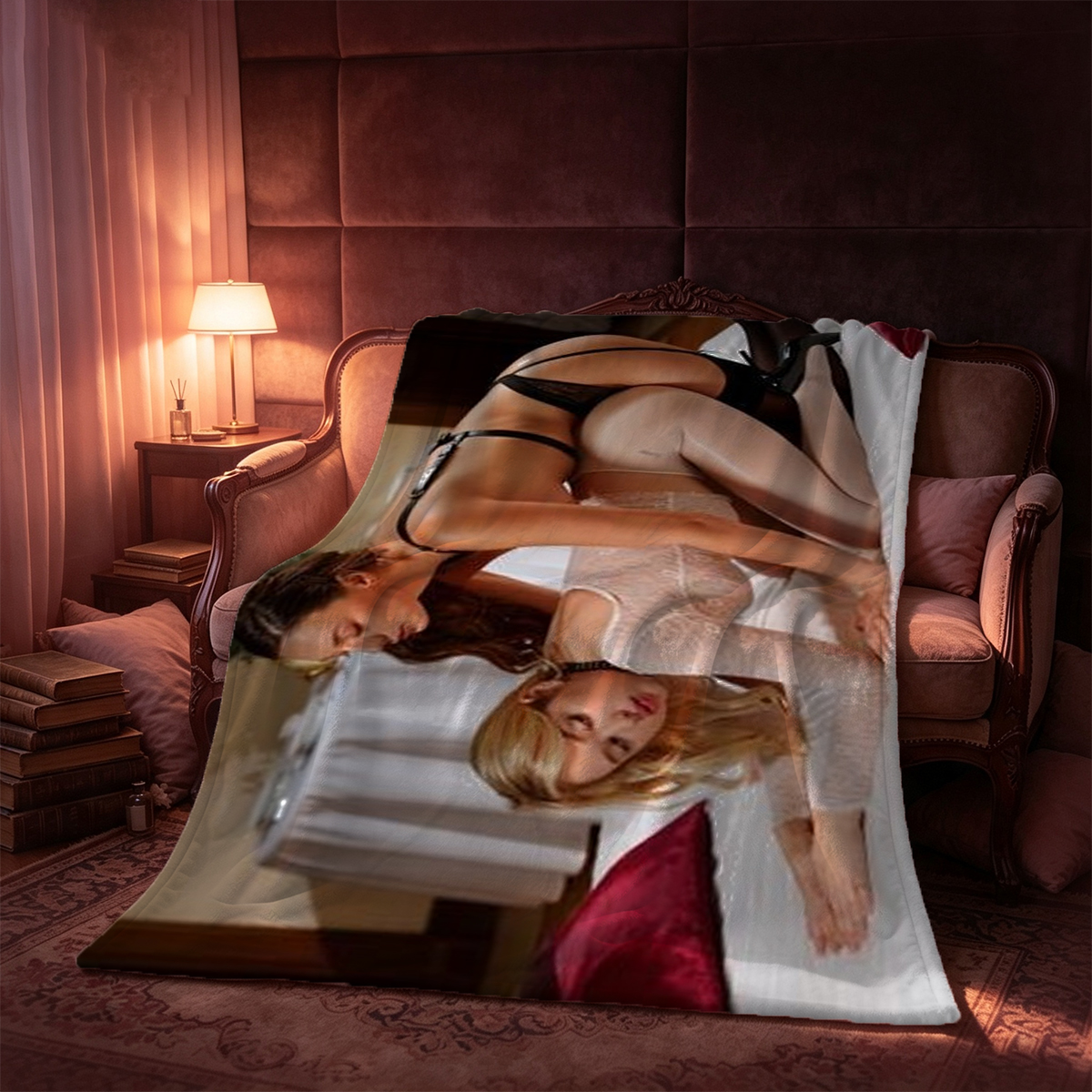 Redhead in black sheer stockings and lingerie posing on bed. - Blanket