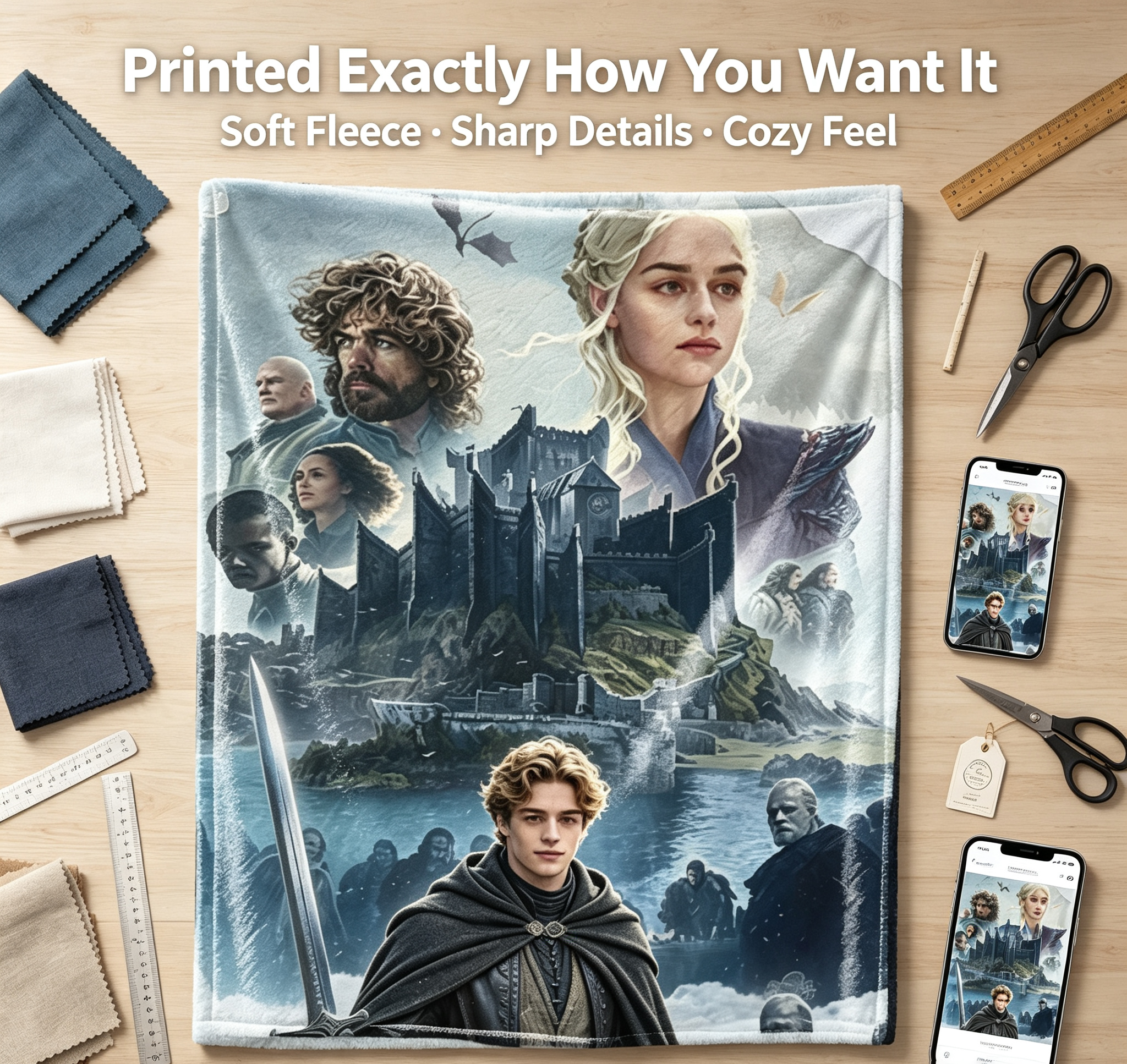 Custom Face Blanket Game of Thrones Character Portrait Flannel Blanket for Couch, Bed, or Travel – Perfect Gift or Giveaway for Fans