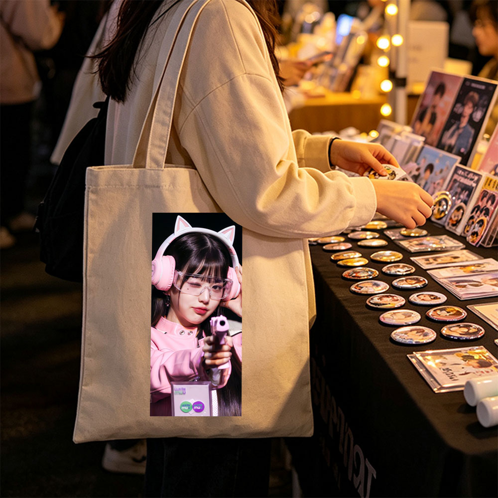 Miu Miu in Pink Cat Ear Headphones Holding a Toy Gun with Clear Glasses and Playful Expression - Canvas tote bags