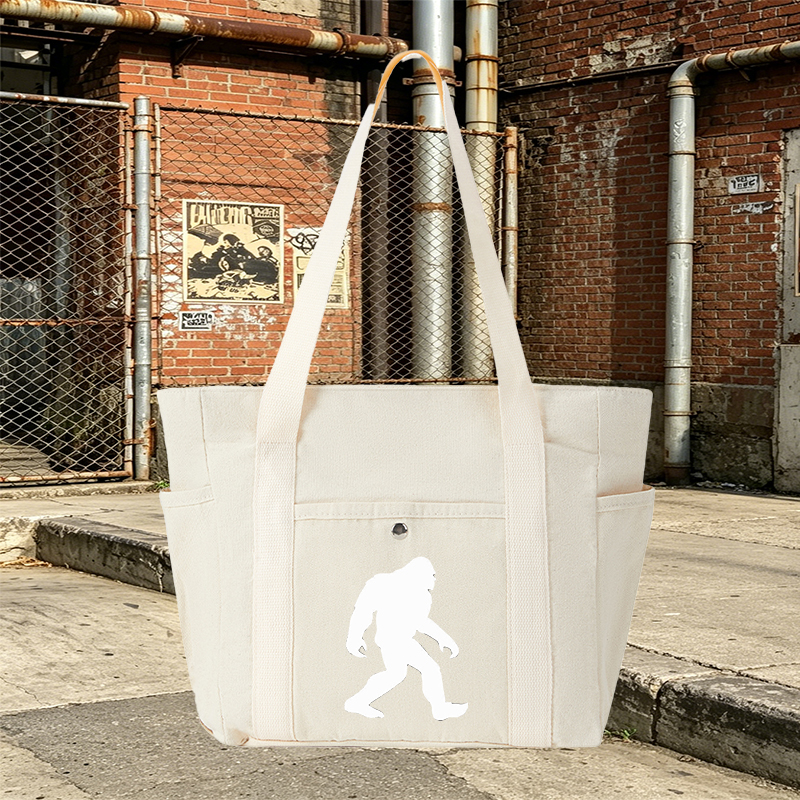 Multi Pocket Bag Beige with Bigfoot Silhouette Print - Multi Pocket Bag Beige for Outdoor Adventures and Everyday Use, Ideal for Hikers, Travelers, and Nature Enthusiasts