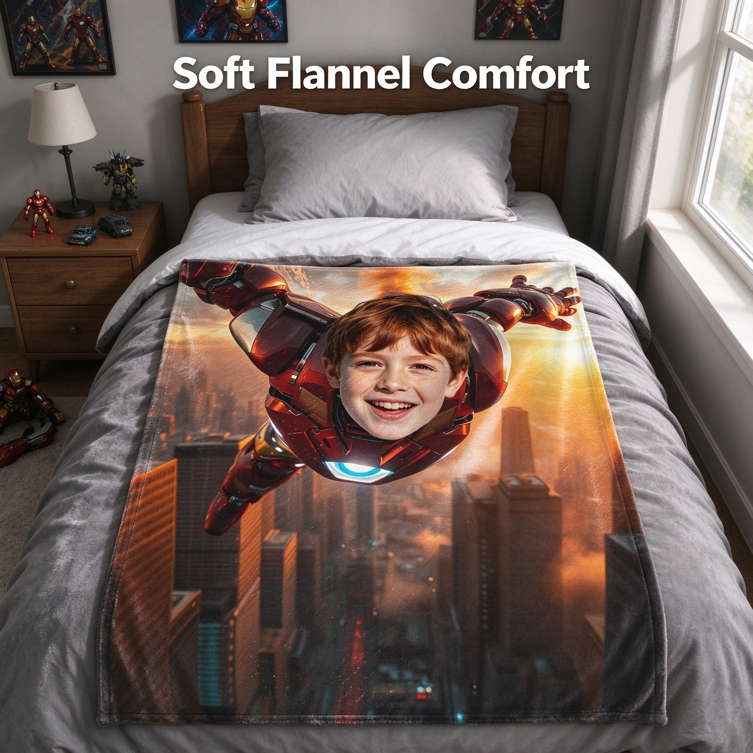 Custom Face Superhero Flannel Blanket, Personalized Photo Plush Throw for Couch and Bed, Unique Birthday Gift