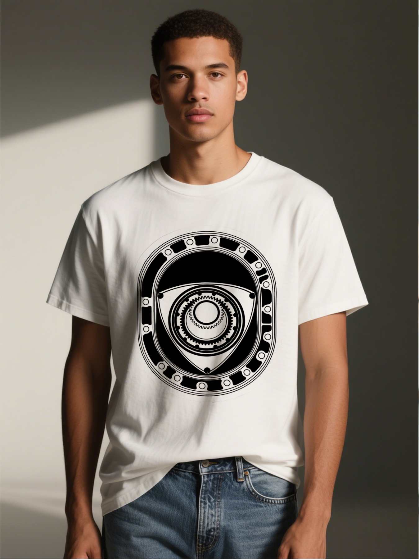 Men's Printed T-Shirt Mechanical Eye Gear Pattern Graphic Round Neck Lightweight Breathable Summer Casual Short Sleeve Tee for Tech Enthusiasts and Engineering Lovers