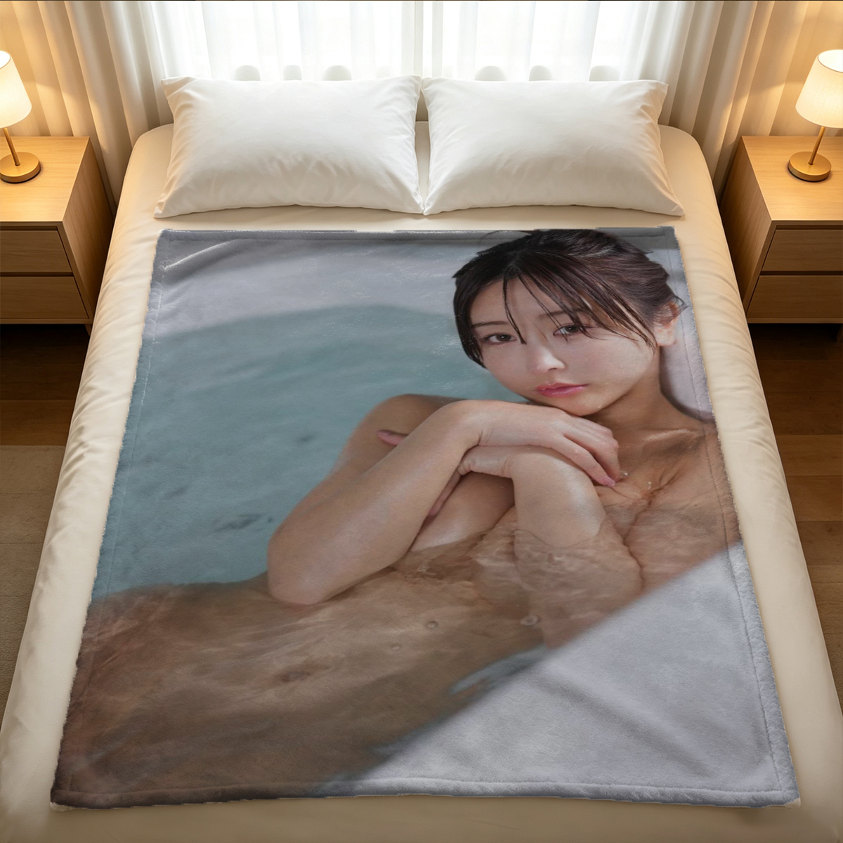 Bound Japanese Woman in Black Lingerie and Stockings Kneeling on Floor - Blanket