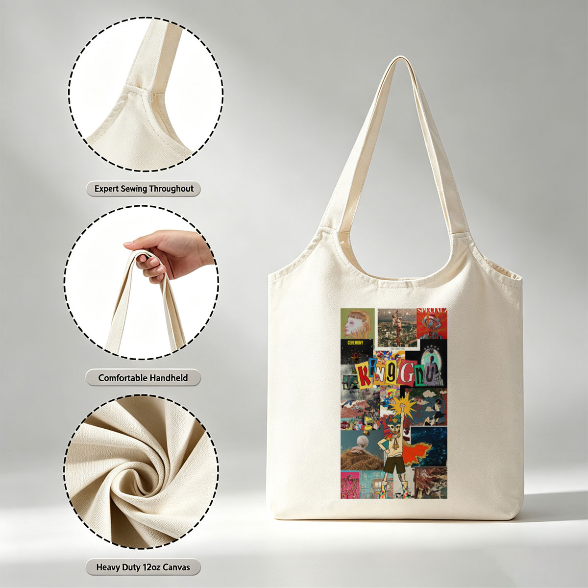 King Gnu Concert Performance with Vibrant Art Collage and Dynamic Character Design - Canvas shoulder bags/