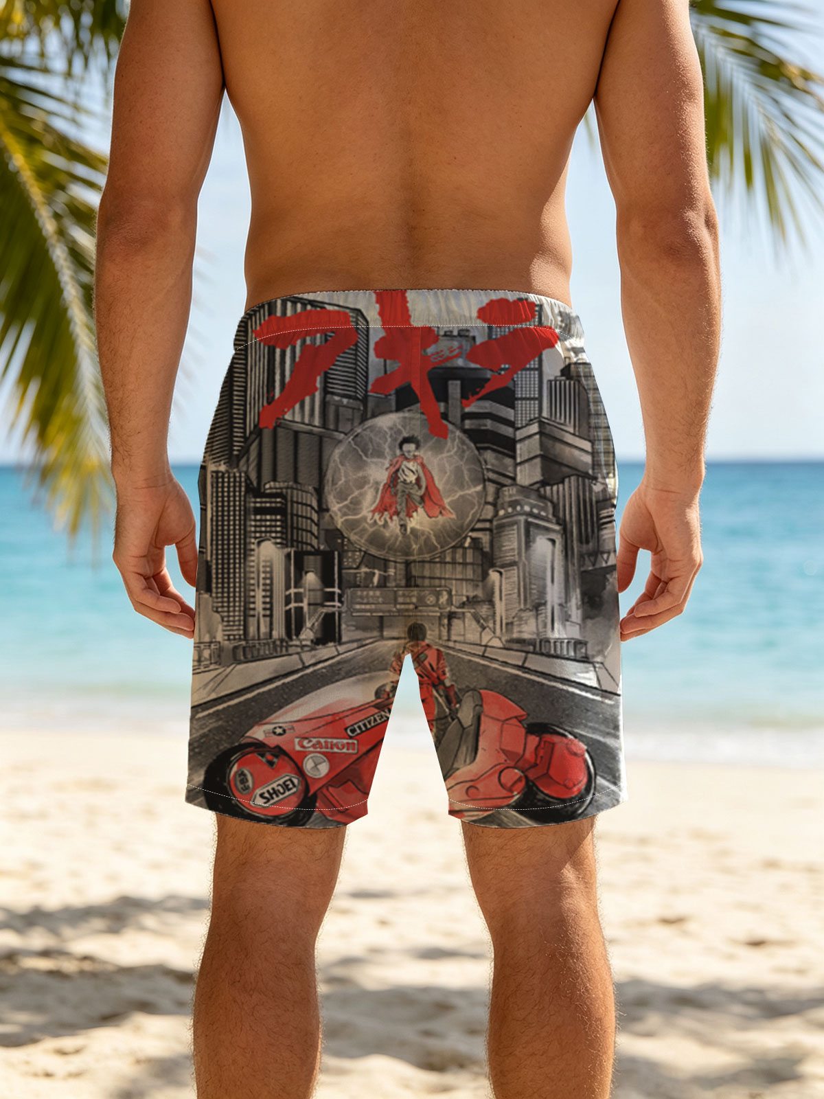 Akira: Neo-Tokyo Rider on a Red Motorcycle with a Floating Figure in a Thunderous Sphere -  Beach shorts