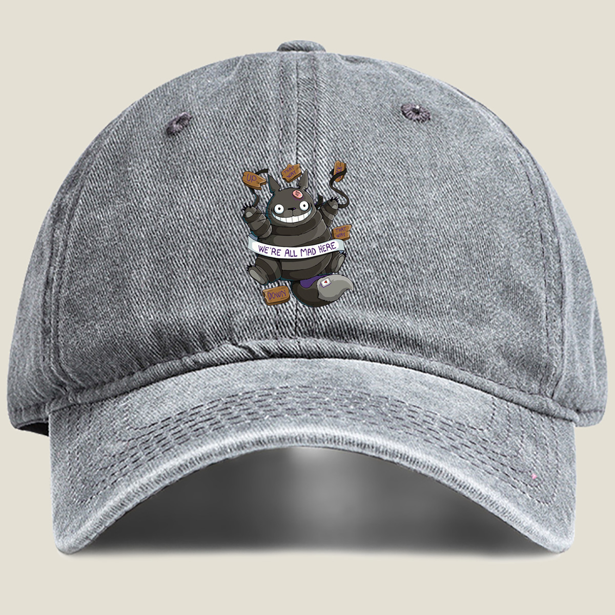Totoro Meets Alice in Wonderland: We're All Mad Here - Washed Denim - Baseball Cap