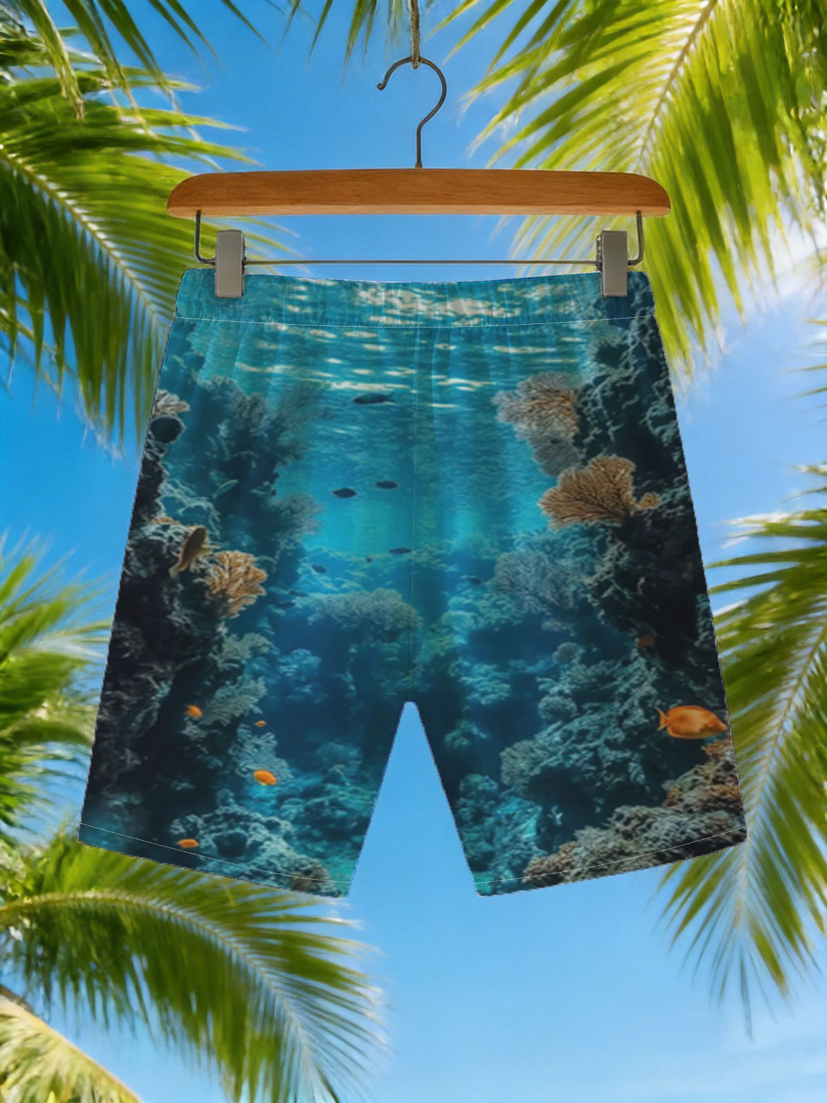 Underwater Coral Cave with Sunlight and Fish -  Beach shorts
