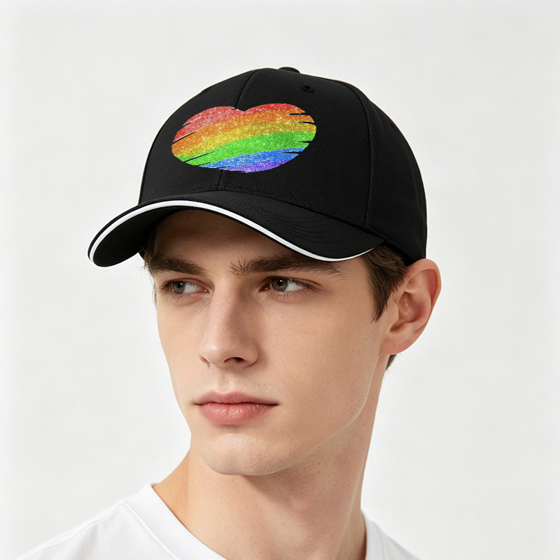 Unisex Classic Sandwich Hat with Rainbow Glitter Heart Print - Perfect for Pride Events, Outdoor Activities, and Casual Wear - Ideal for Adults Seeking Expressive Fashion Statement