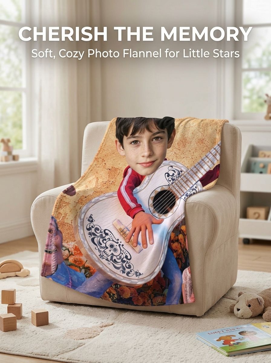 Custom Photo Face Blanket Personalized Guitar Musician Flannel Fleece Throw Soft Anti-Pilling Keepsake Gift for Kids and Family