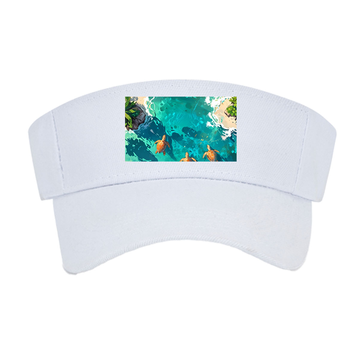 Turtles swimming in crystal-clear tropical waters near sandy shores and palm trees. -  Visor cap