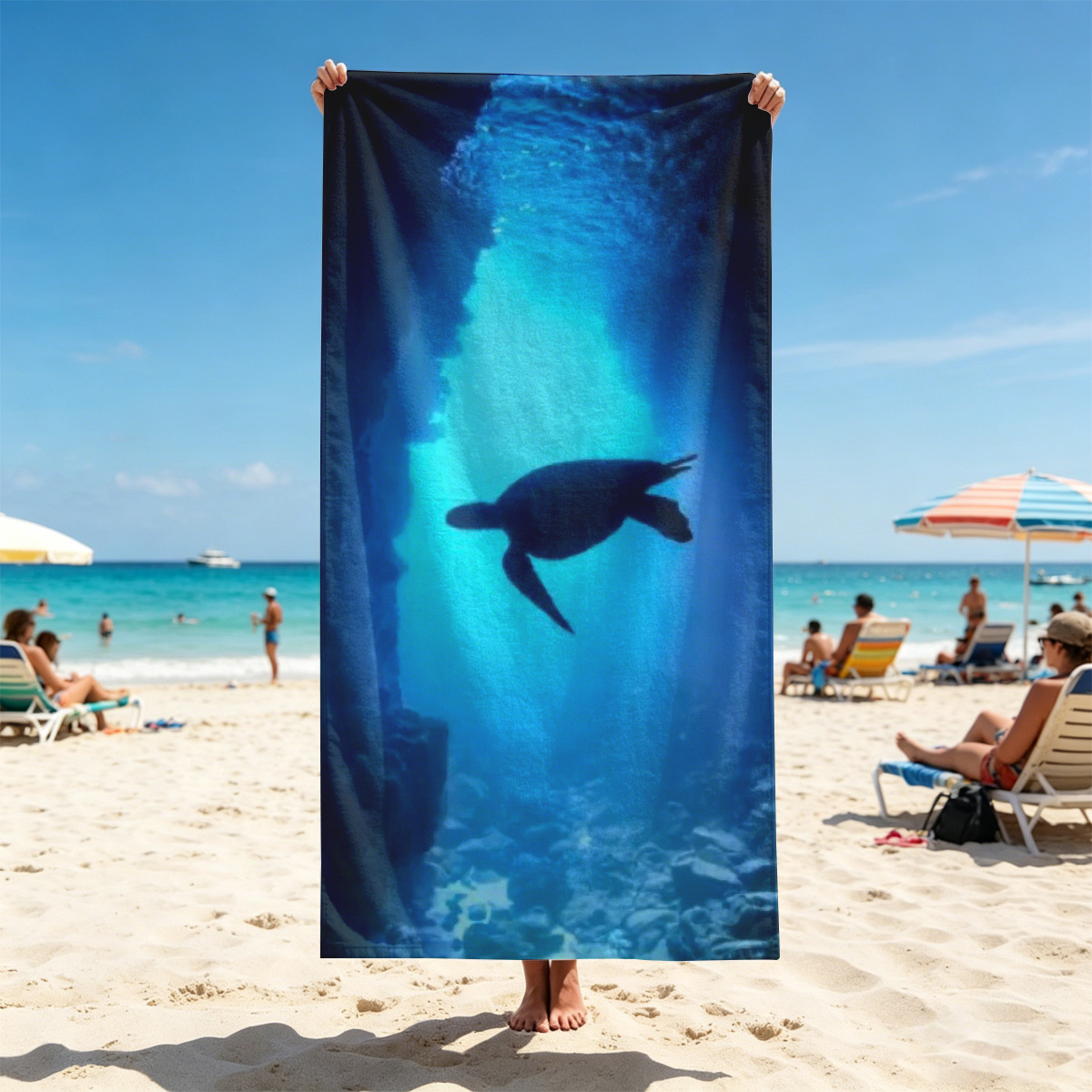 Sea turtle glides through a sunlit underwater cave. - Beach towels