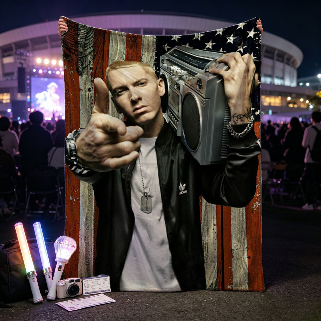 Eminem Holding Boombox Pointing at Camera Against American Flag Background - Blankets