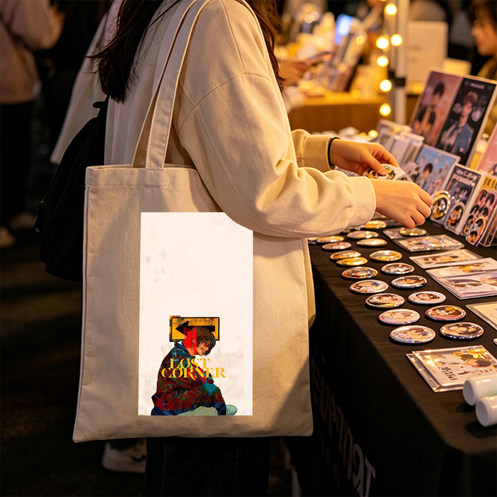 Lost Corner Artist in Colorful Jacket with Arrow Sign and Text Overlay - Canvas tote bags