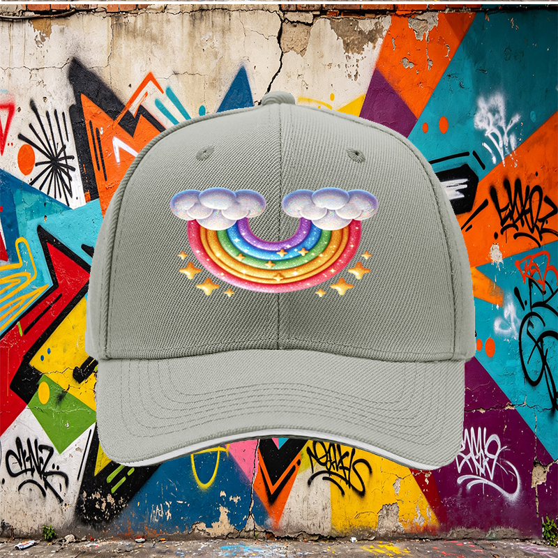 Unisex Classic Sandwich Hat with Rainbow and Cloud Print - Perfect for Outdoor Activities, Festivals, and Casual Wear - Ideal for Adults and Teens Seeking Fun, Colorful Headwear