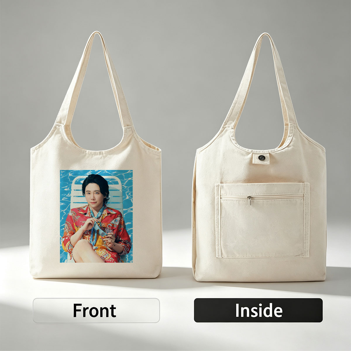 Kazuma Komatsu Relaxing by the Pool in Vibrant Summer Outfit - Canvas shoulder bags/