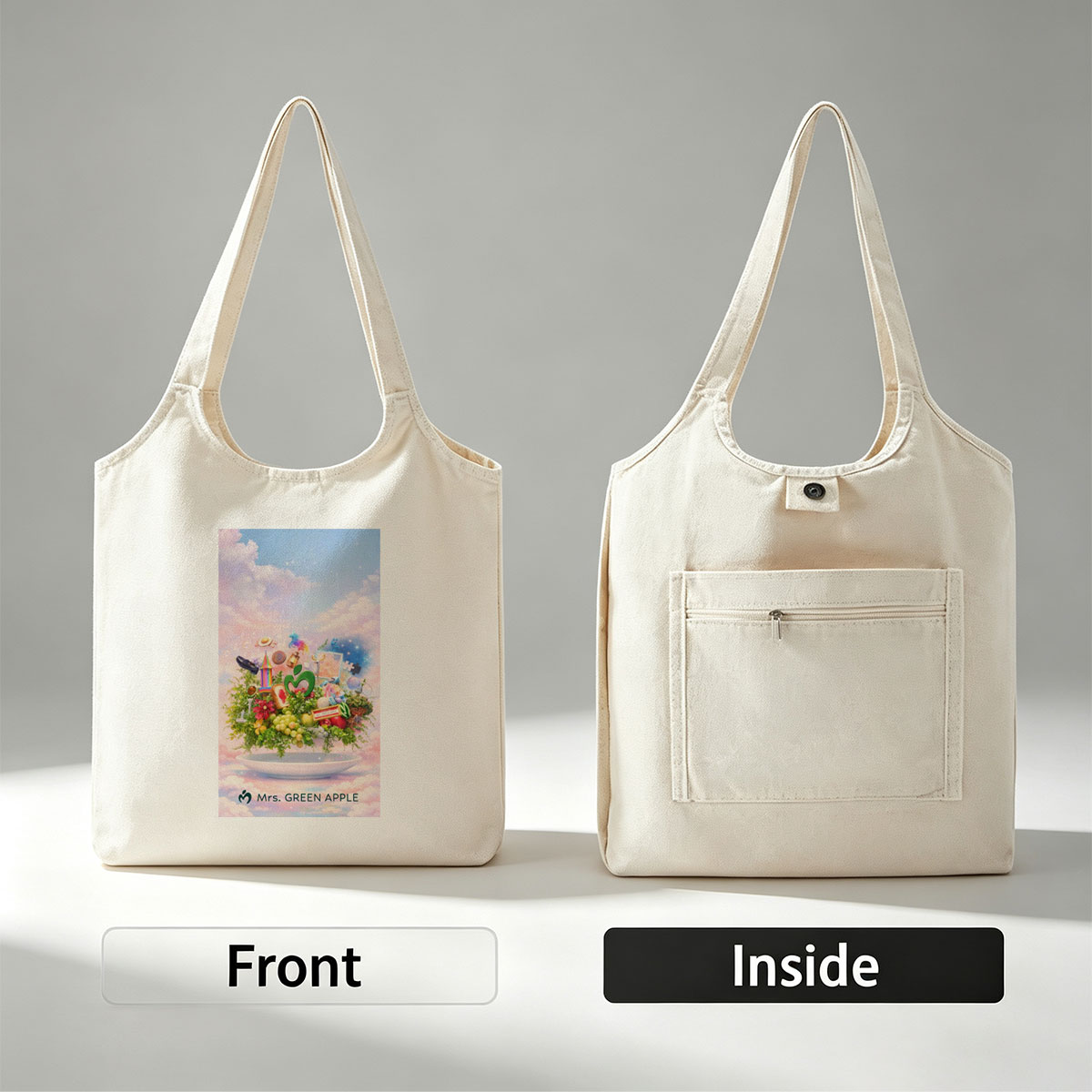 Mrs. GREEN APPLE Fantasy Garden Scene with Colorful Objects and Nature Elements on a Plate - Canvas shoulder bags/
