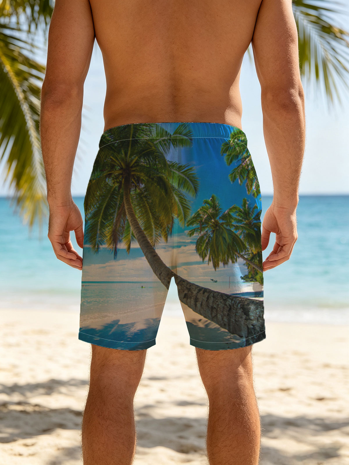 Tropical Beach with Swaying Palm Trees and Crystal Clear Waters -  Beach shorts