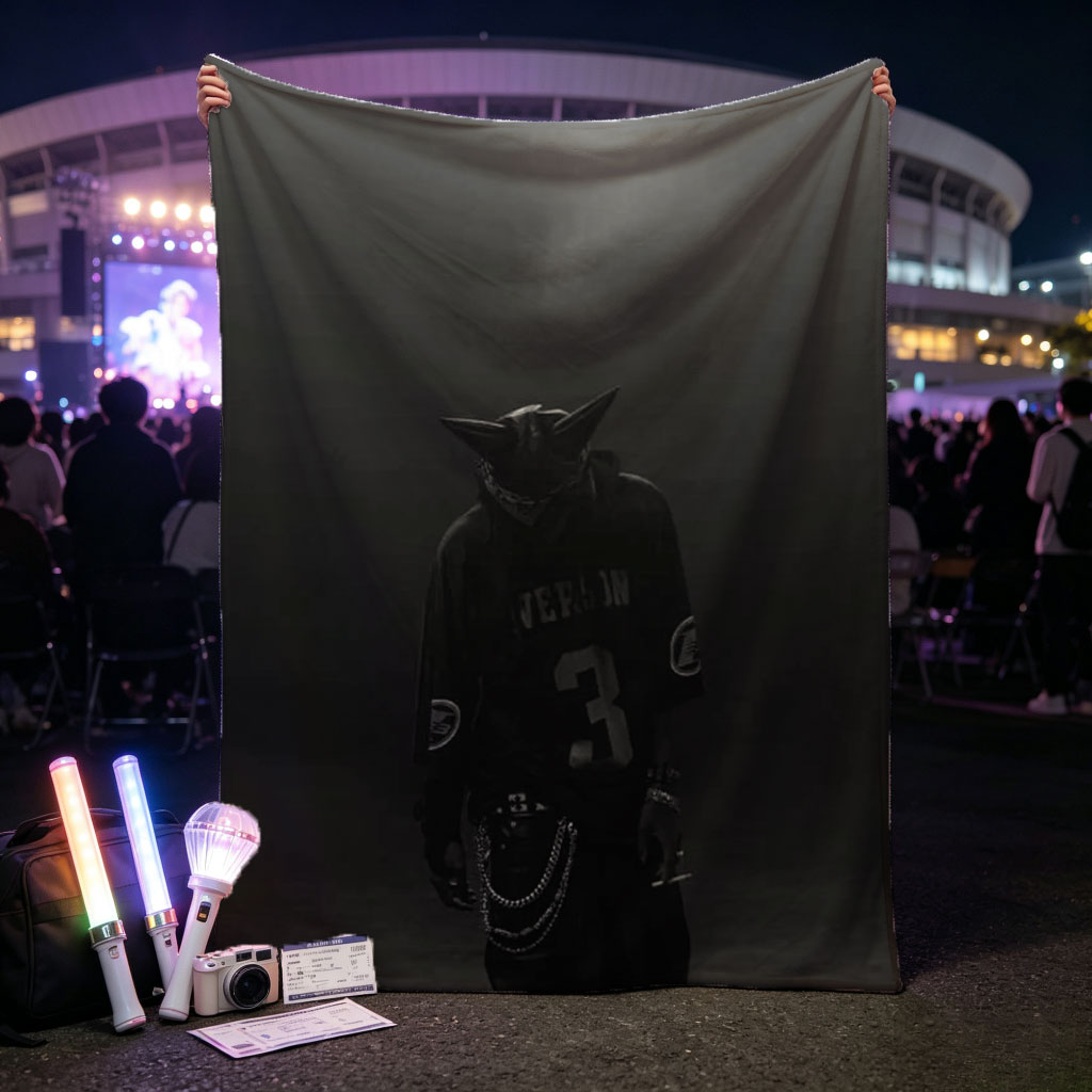 Travis Scott in Dark Atmosphere Wearing Wolf Mask and Black Jersey with Chains - Blankets
