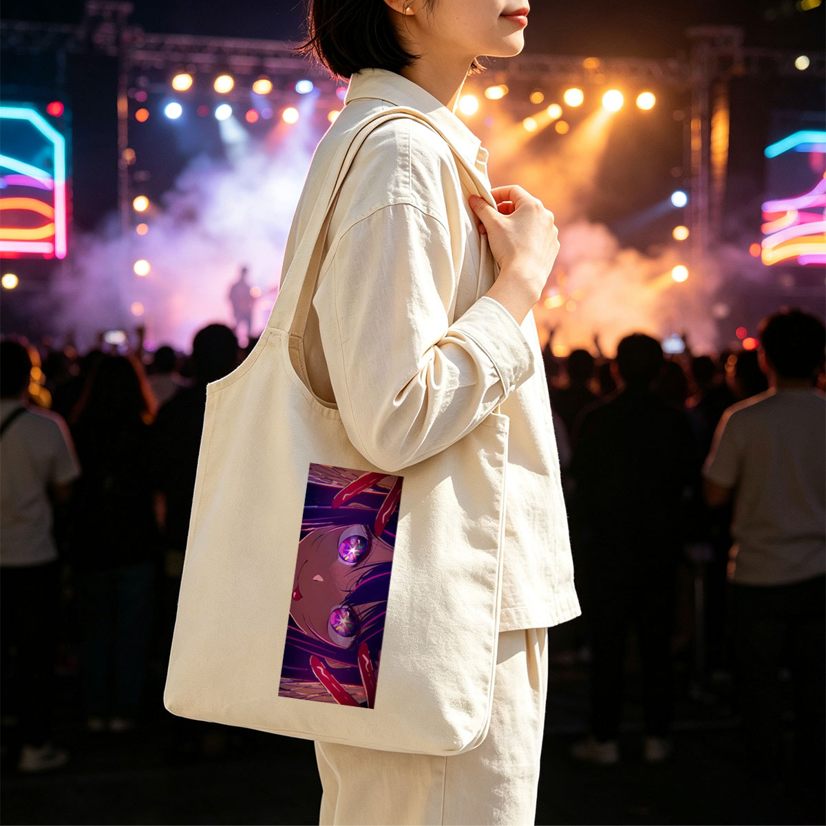 Anime Character with Glowing Purple Eyes and Dramatic Expression in a Cosmic Background - Canvas shoulder bags/