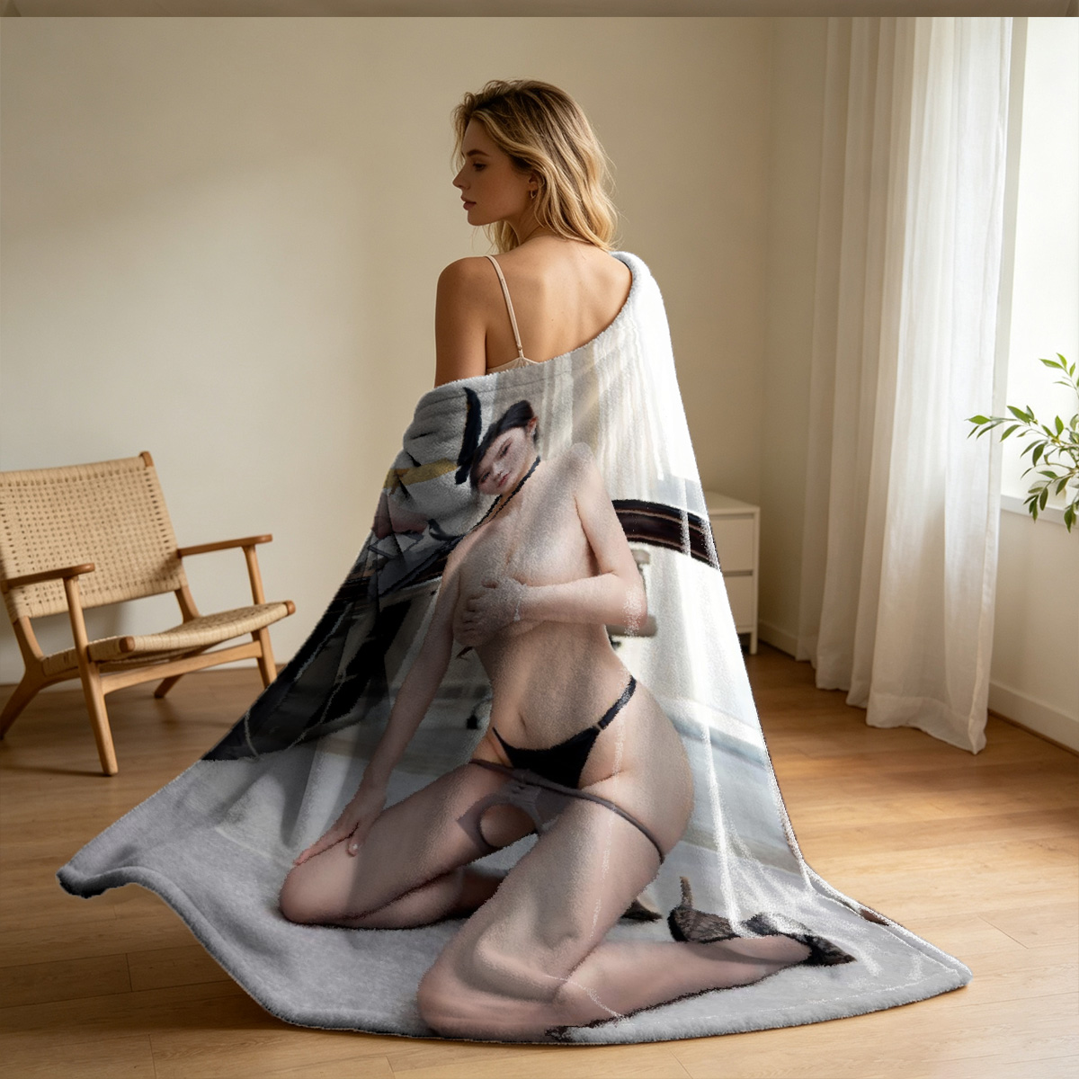 Nude Brunette Posing on Bed in Pink Room - Blanket