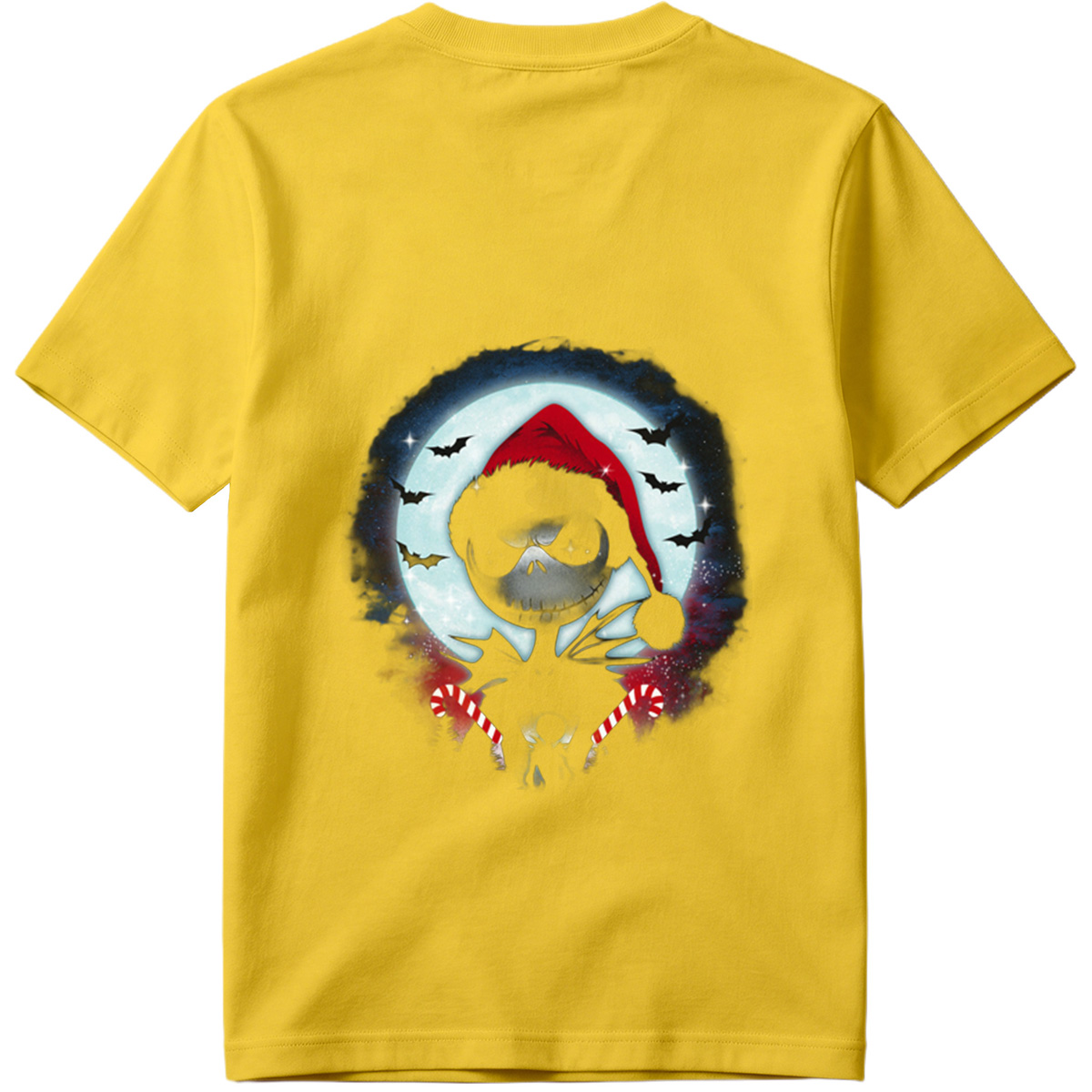 Jack Skellington in Santa Hat with Candy Canes Against Moonlit Sky - Tee