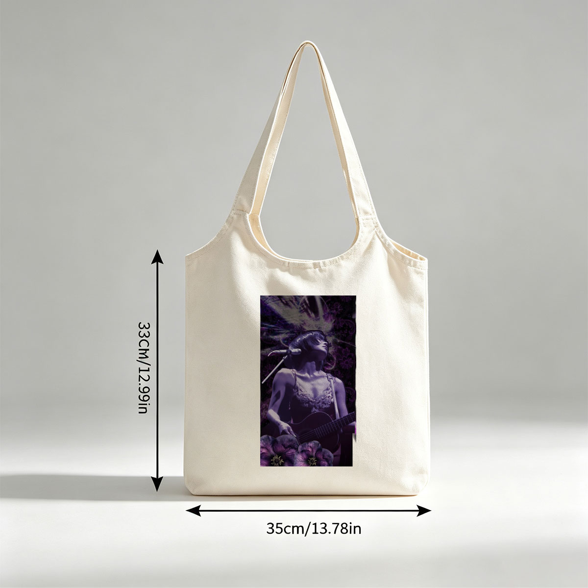 Bj?rk Performing with Guitar in Purple Floral Scene - Canvas shoulder bags/