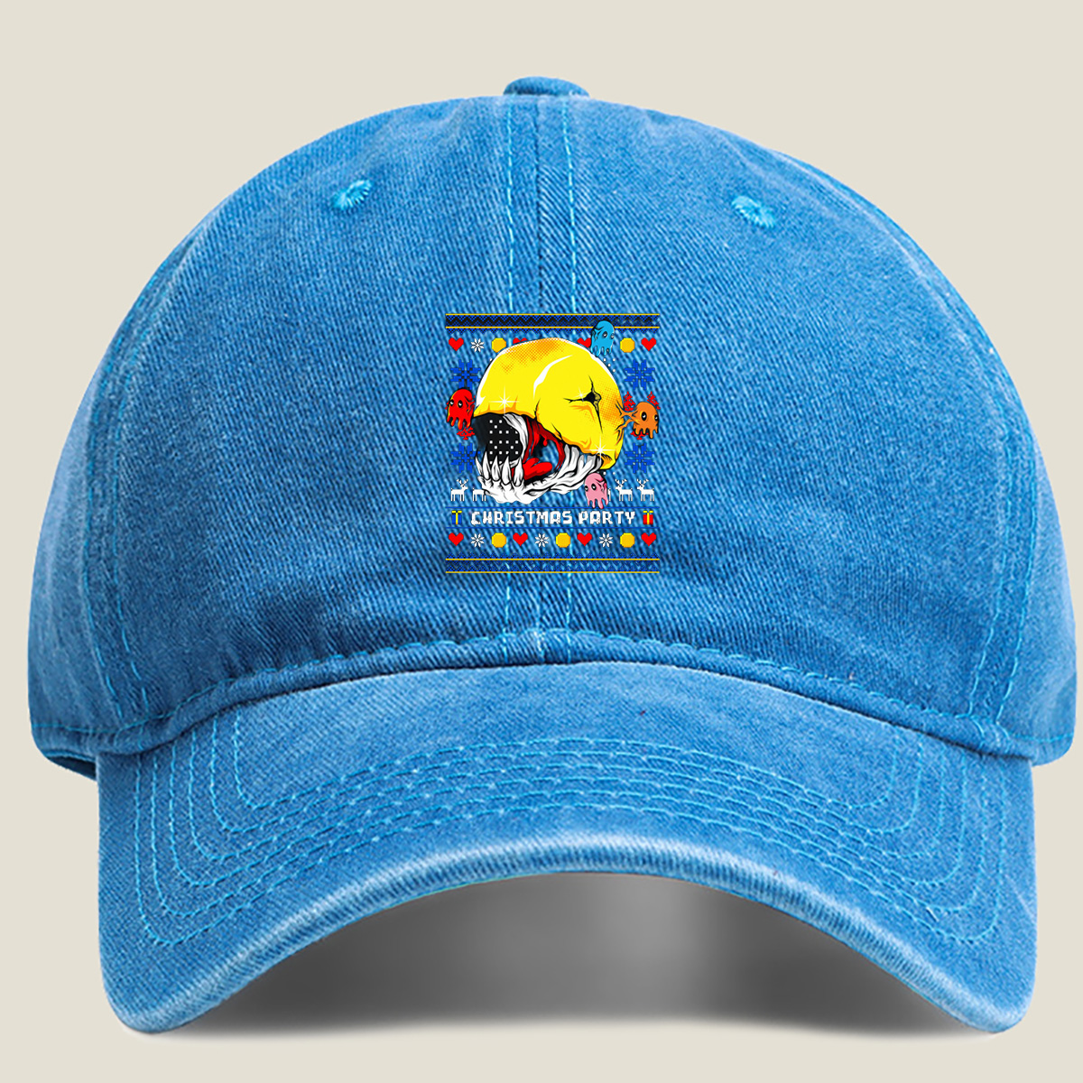 Pac-Man Christmas Party with Ghosts - Washed Denim - Baseball Cap