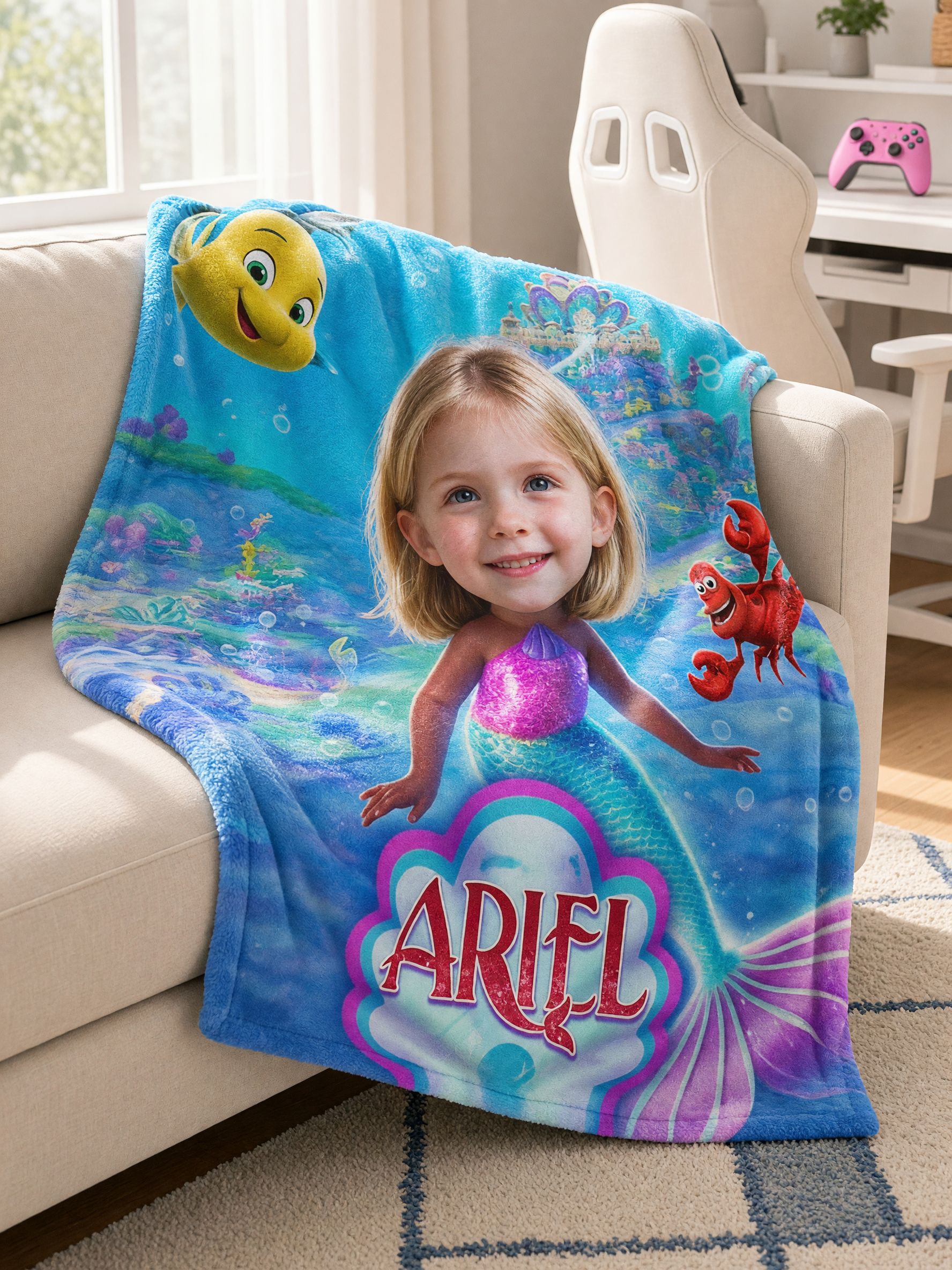 Custom Photo Face Blanket Personalized Mermaid Undersea Flannel Fleece Throw, Ultra Soft Cozy Gift for Kids and Girls