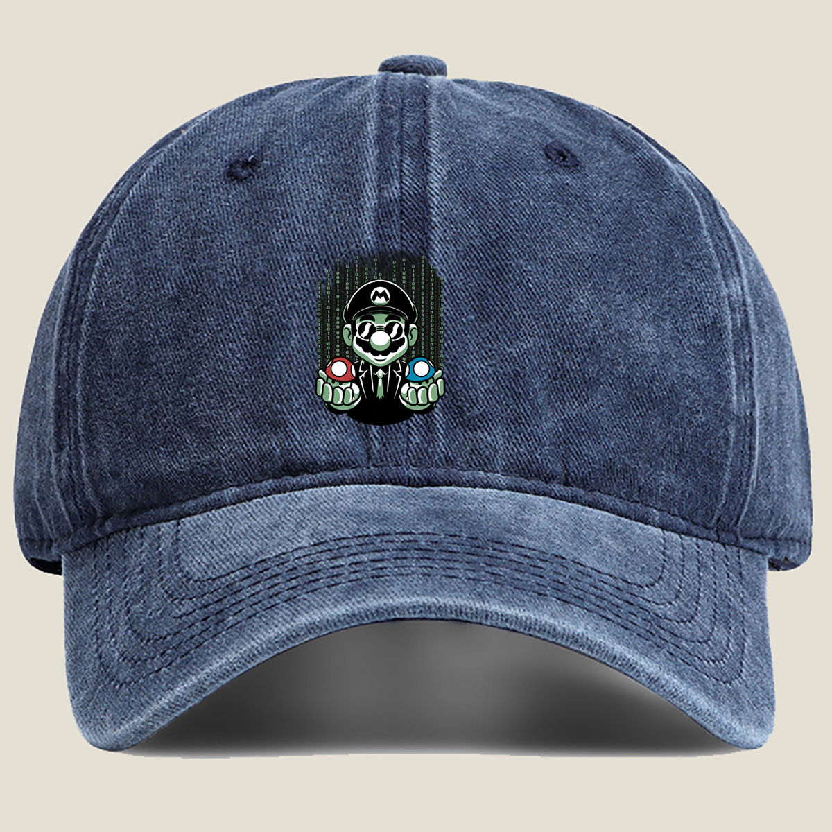 Mario in Matrix Code with Red and Blue Mushrooms - Washed Denim - Baseball Cap