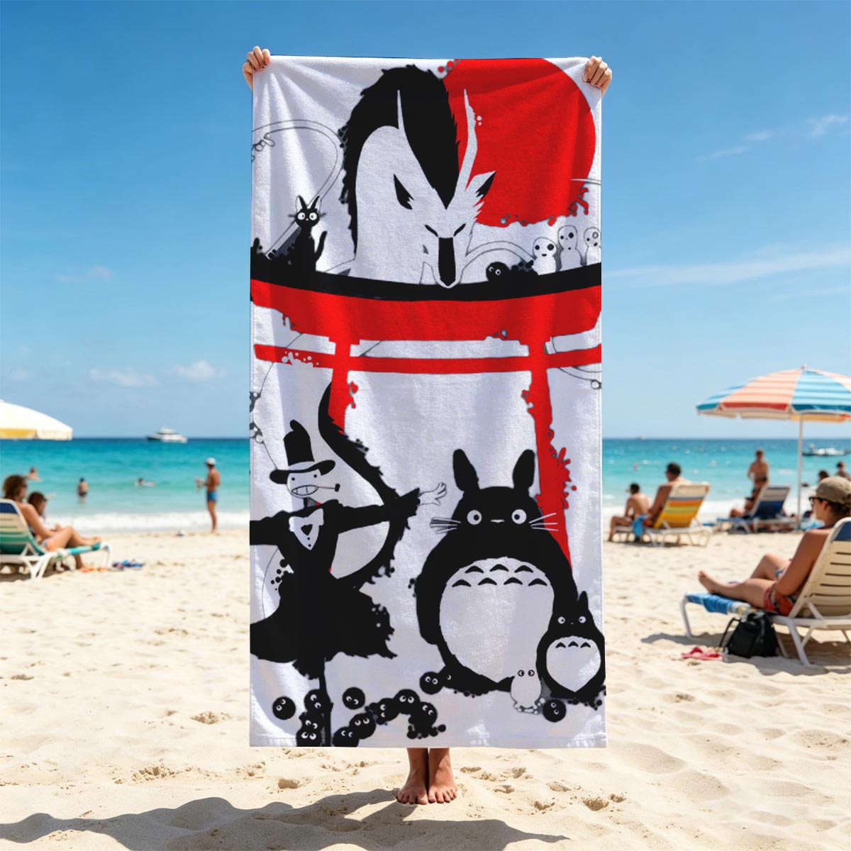 Totoro, No-Face, and Spirited Away Characters in a Japanese Shrine Scene - Beach towels
