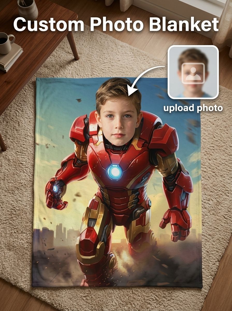 Custom Photo Superhero Flannel Fleece Blanket Personalized Face Throw for Kids Couch Bed