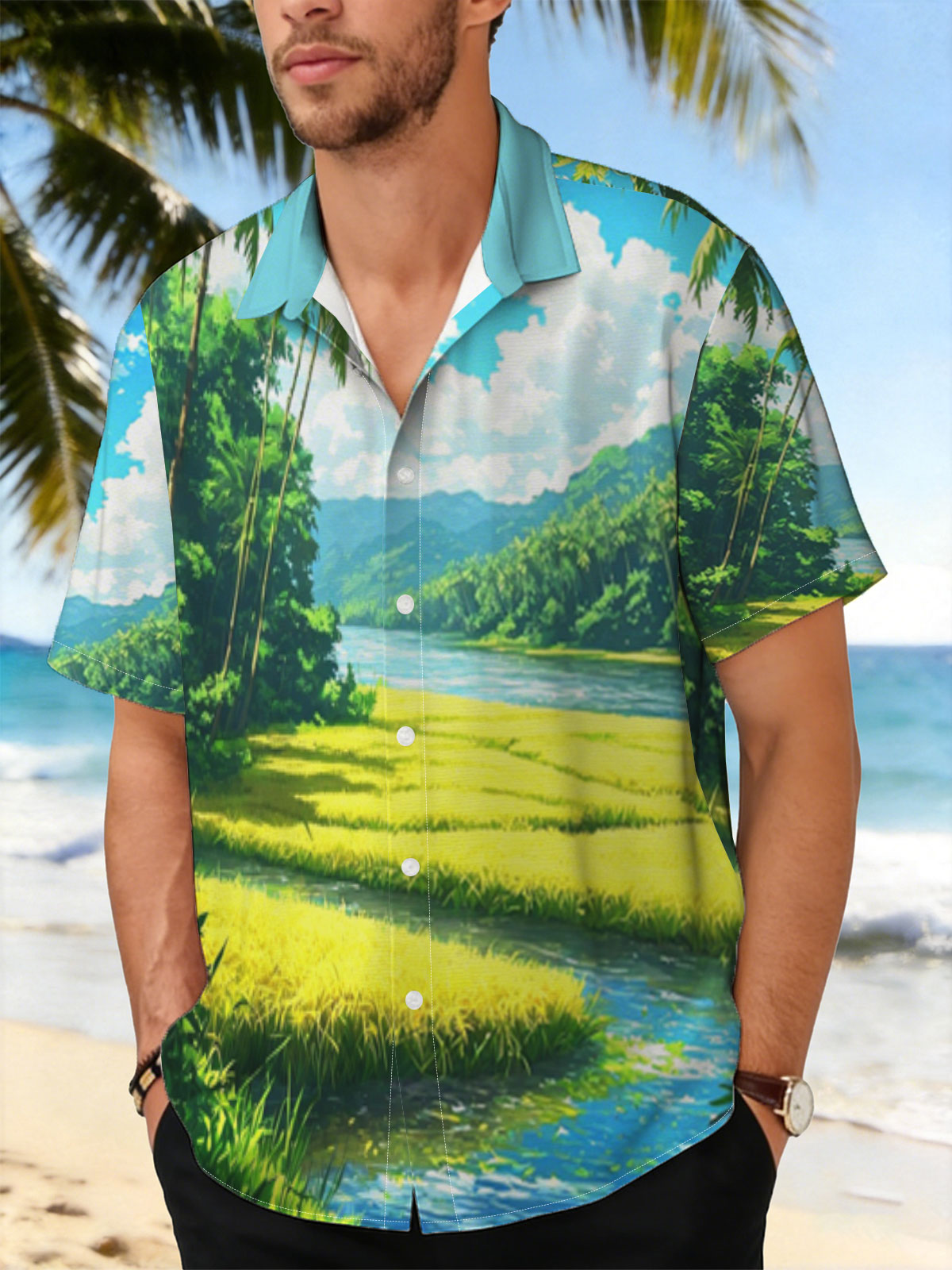 Tropical River Landscape with Lush Greenery and Palm Trees -  Shirt