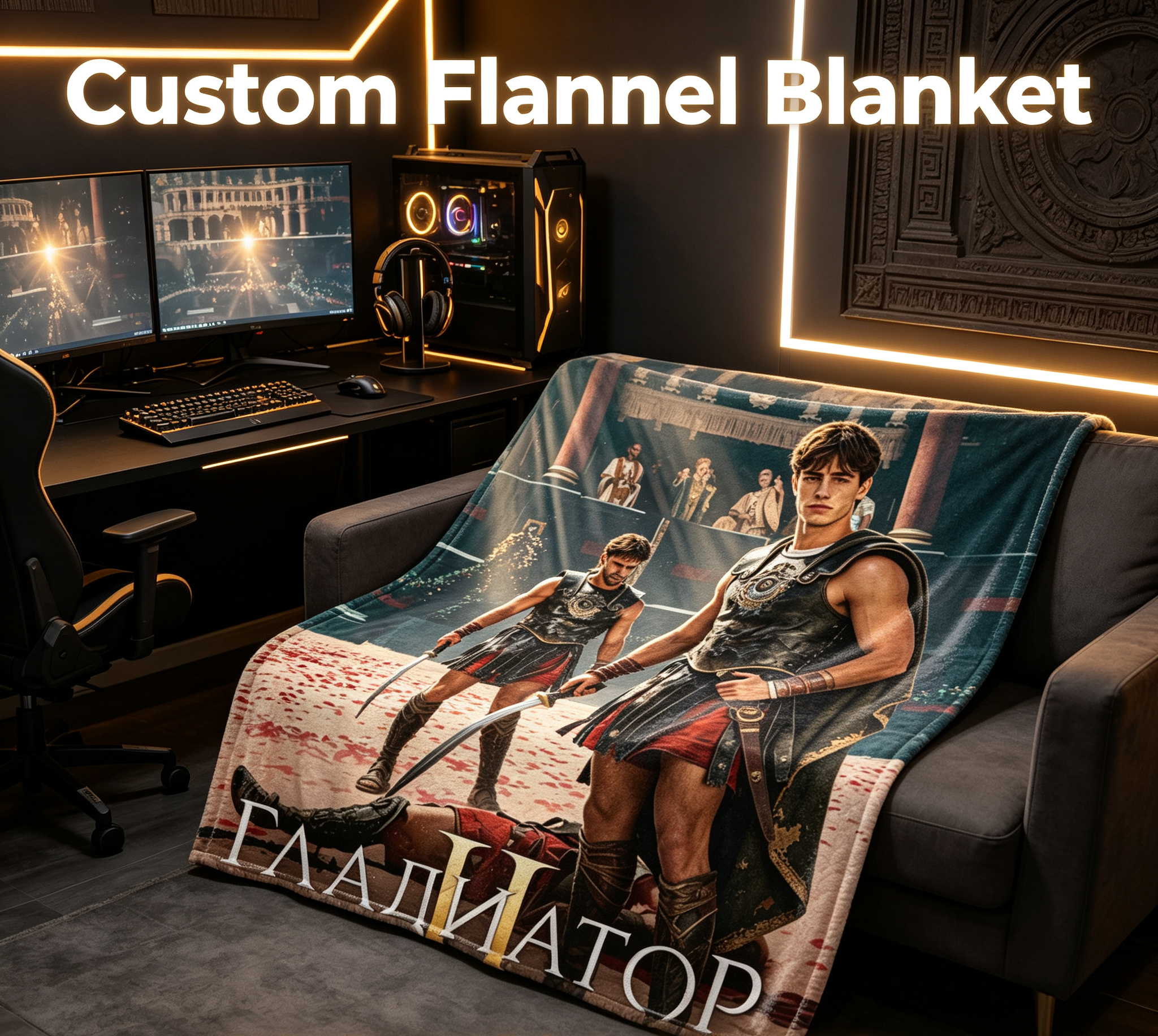 Custom Face Blanket Gladiator II Movie Inspired Flannel Blanket for Couch, Bed, or Travel – Perfect Gift for Movie Fans and Roman History Enthusiasts