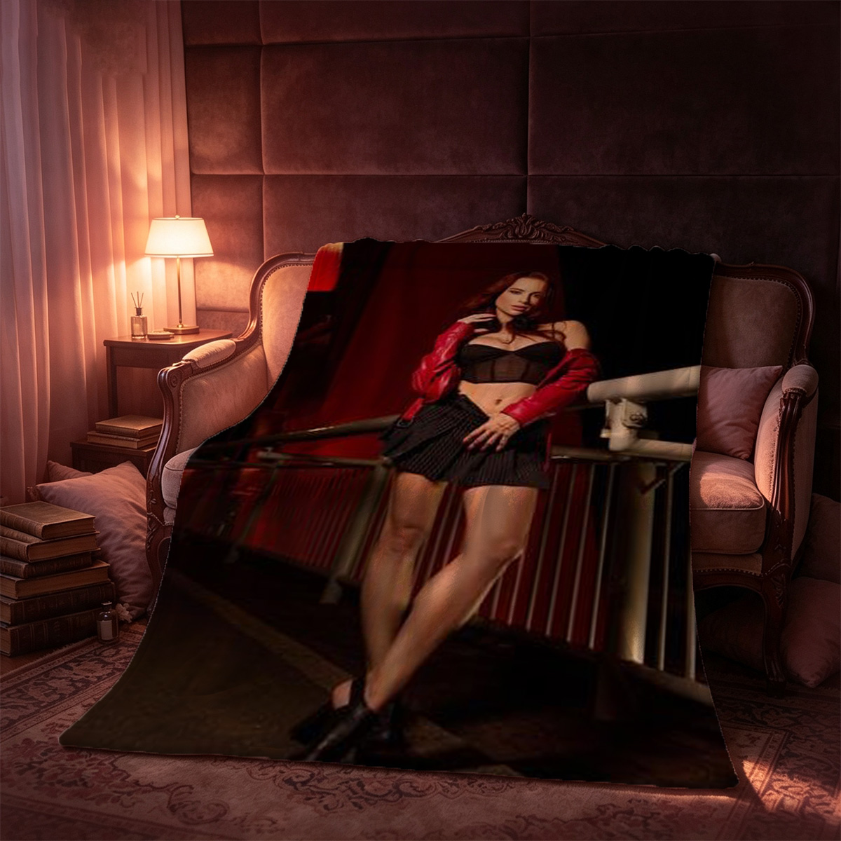 Blonde in orange fishnet bodysuit and black corset playing pool with tongue out. - Blanket